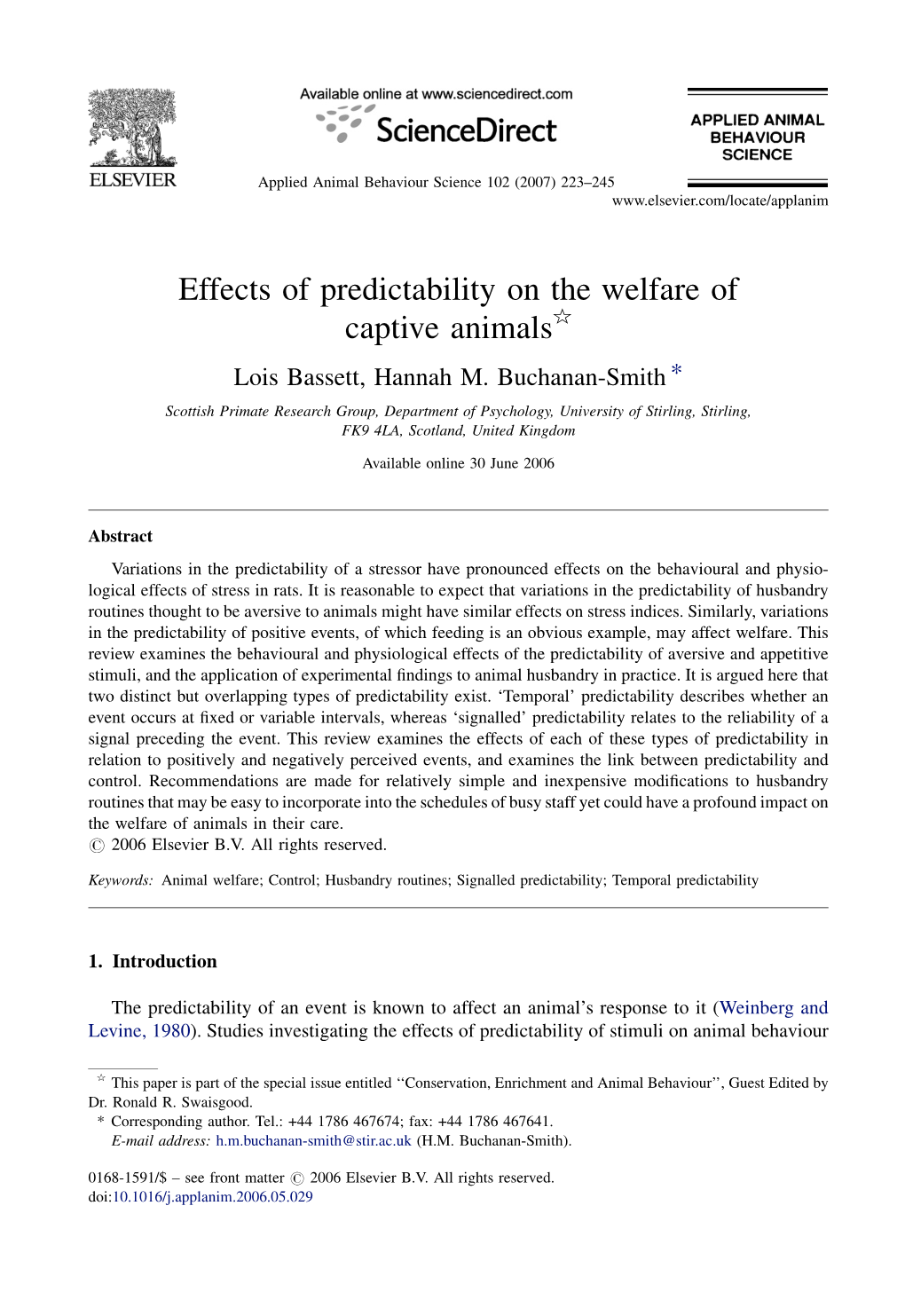 Effects of Predictability on the Welfare of Captive Animals§ Lois Bassett, Hannah M