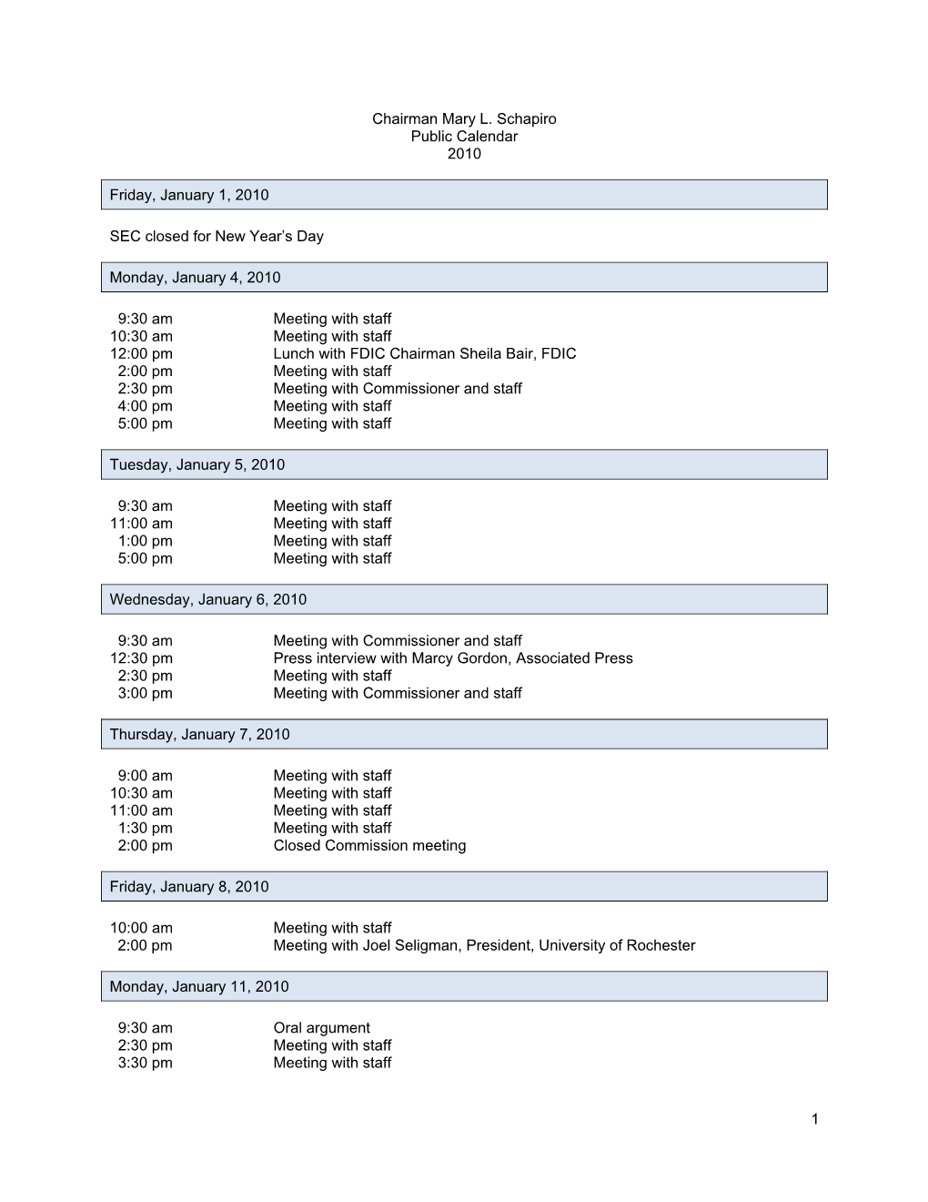 Chairman Mary L. Schapiro Public Calendar, 2010