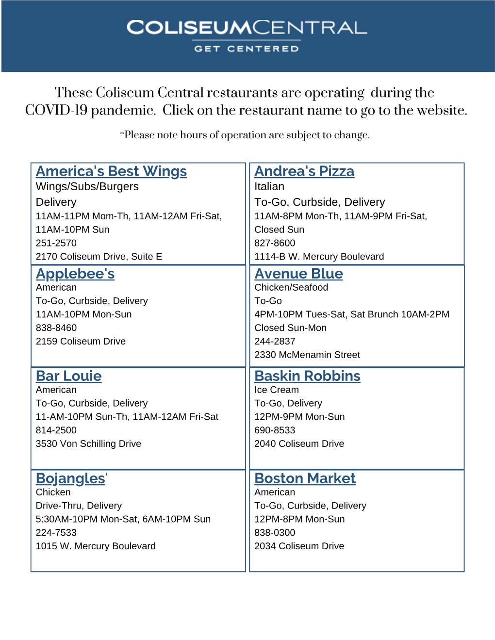 Coliseum Central Restaurant Listing