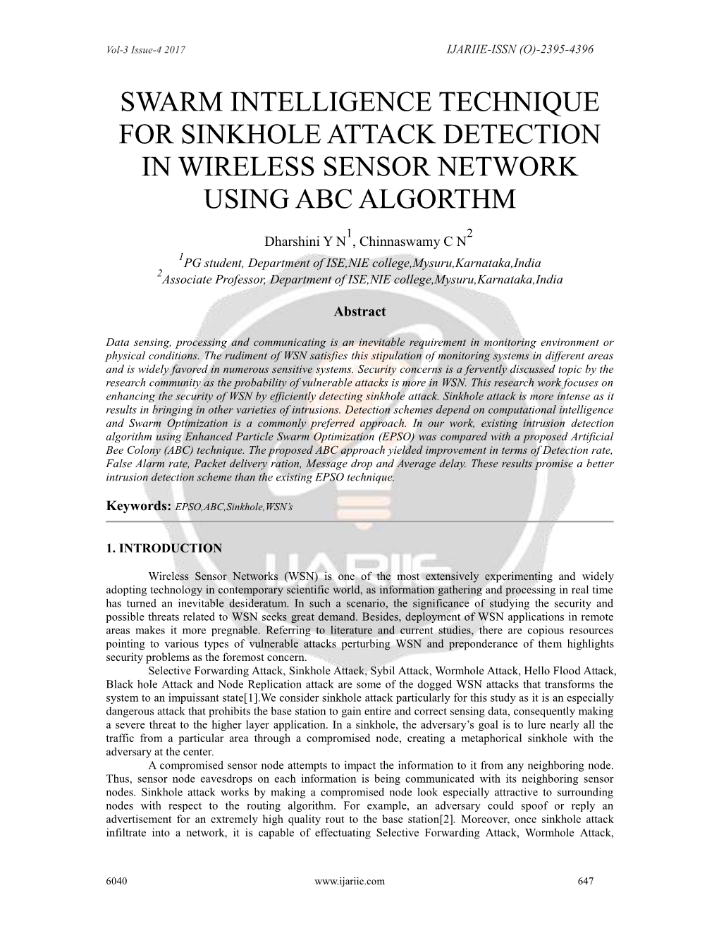 Swarm Intelligence Technique for Sinkhole Attack Detection in Wireless Sensor Network Using Abc Algorthm