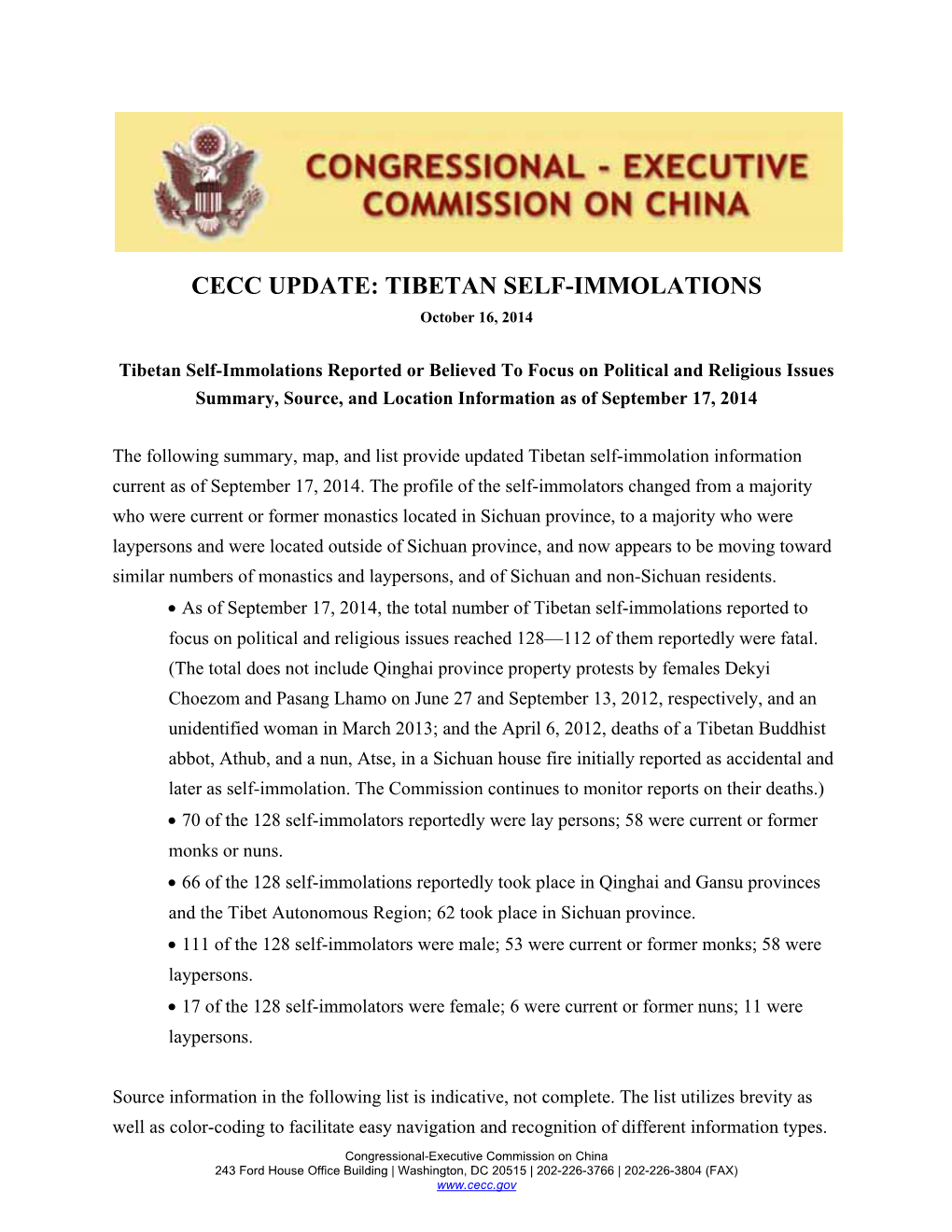 CECC UPDATE: TIBETAN SELF-IMMOLATIONS October 16, 2014