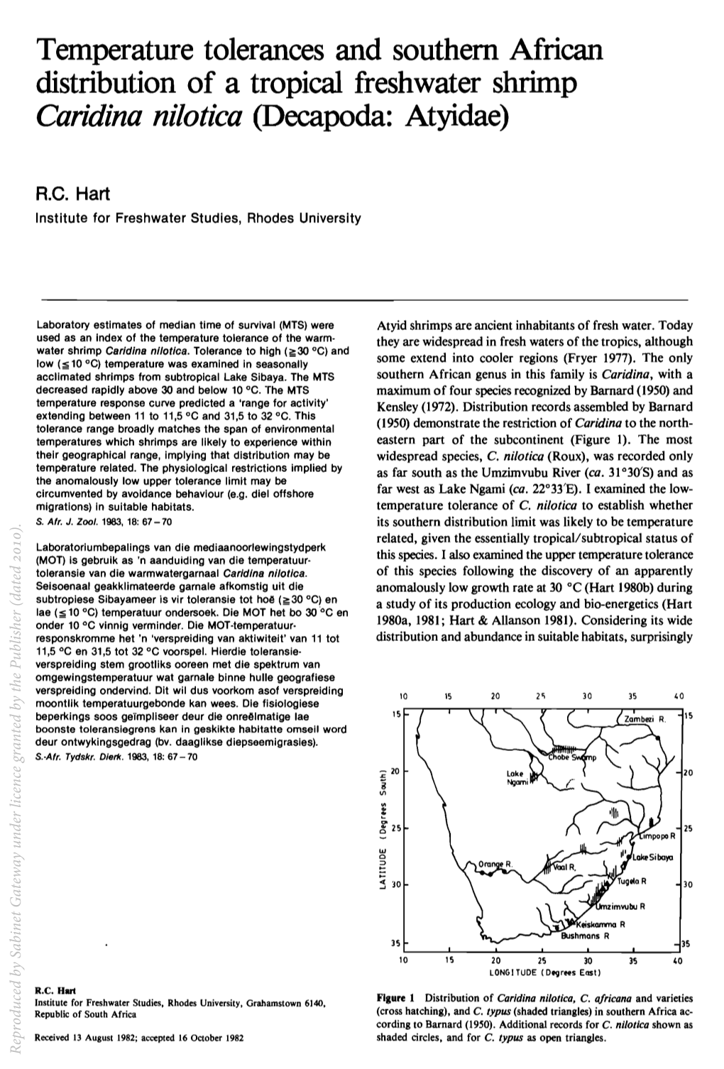 Temperature Tolerances and Southern African Distribution of a Tropical Freshwater Shrimp Caridina Nilotica (Decapoda: Atyidae)