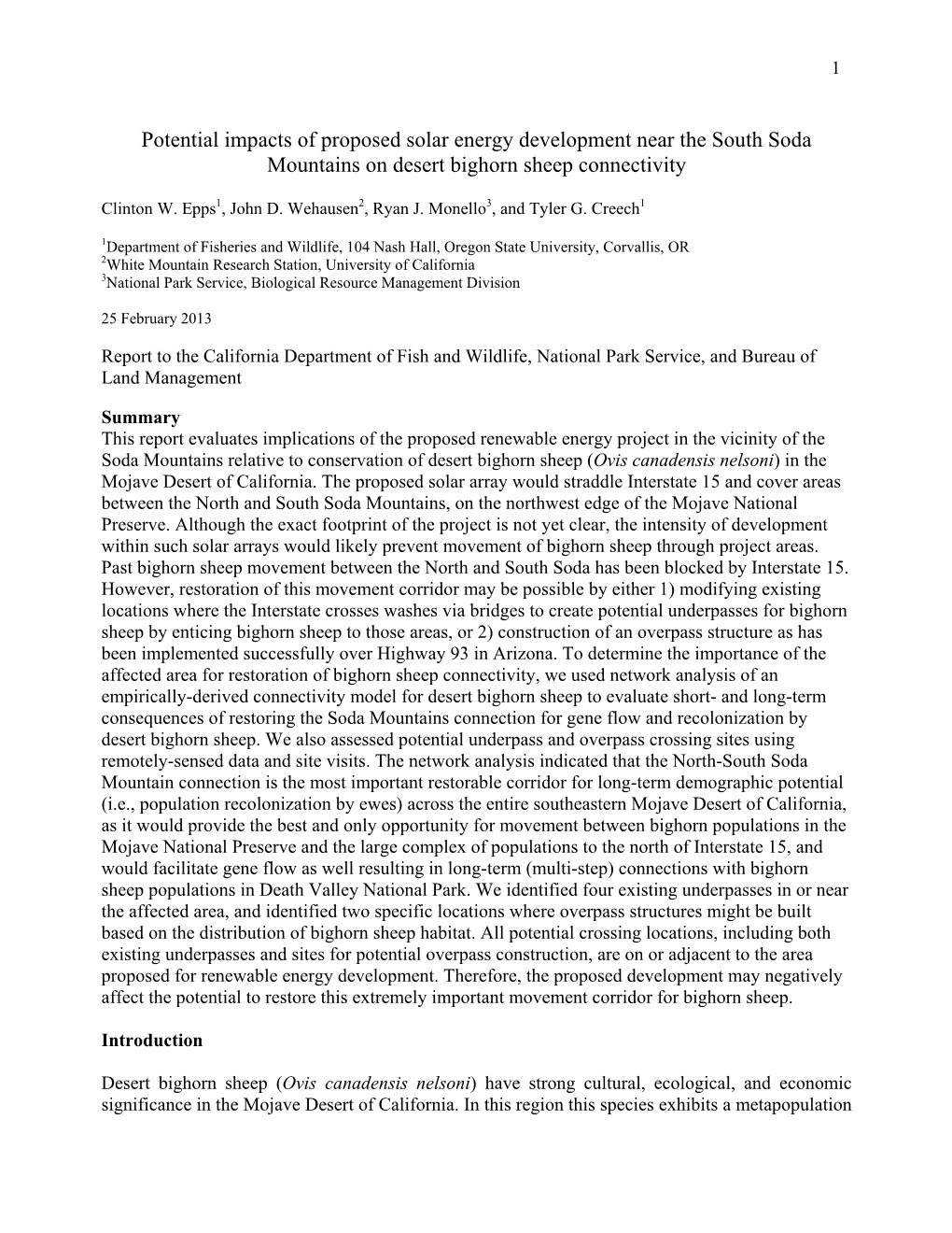 Potential Impacts of Proposed Solar Energy Development Near the South Soda Mountains on Desert Bighorn Sheep Connectivity