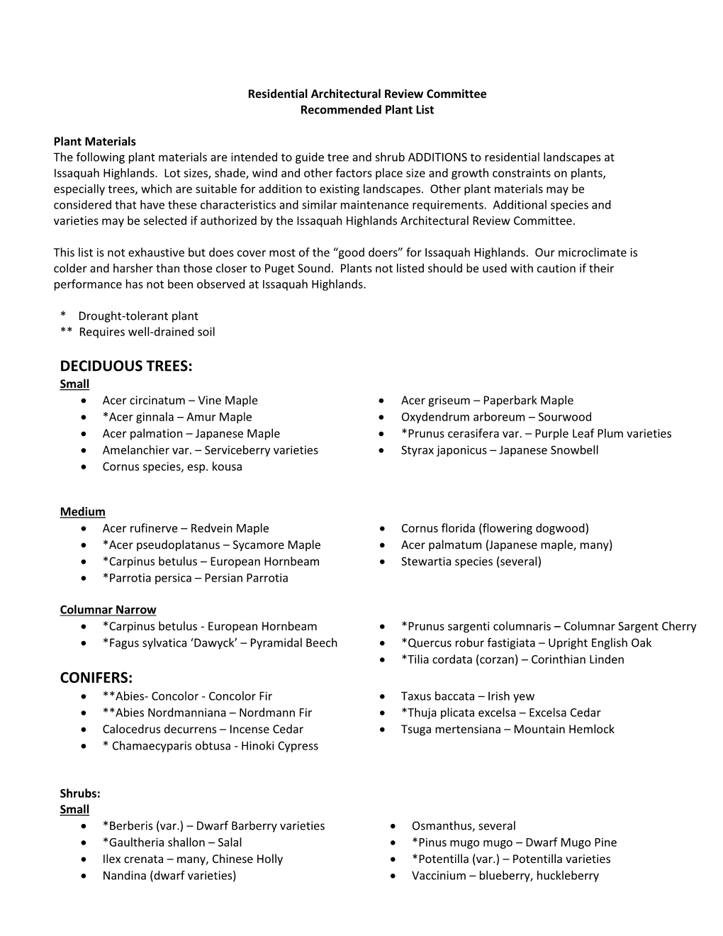 IHCA Recommended Plant List