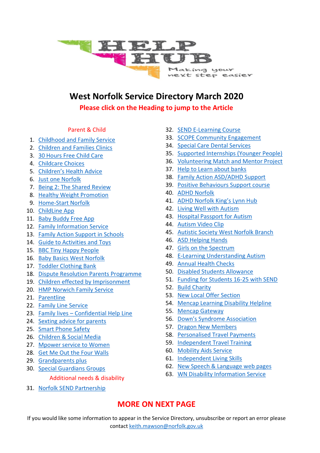 West Norfolk Service Directory March 2020 Please Click on the Heading to Jump to the Article