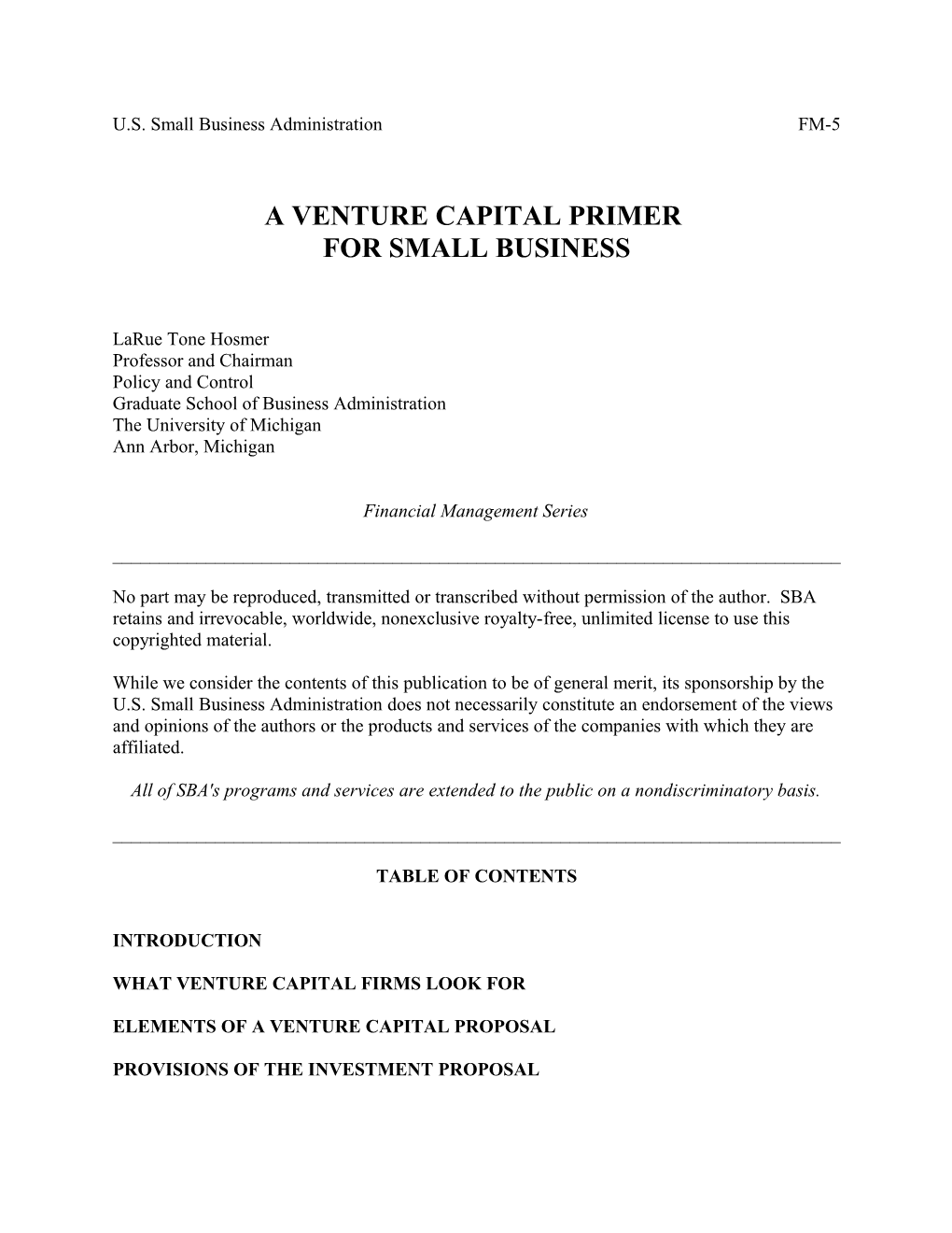 Sba A Venture Capital Primer Fm-5