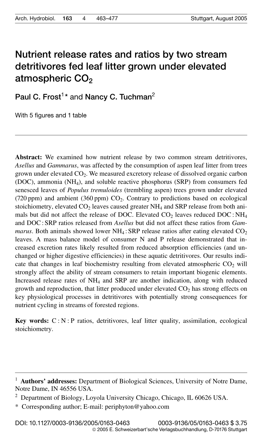 Nutrient Release Rates and Ratios by Two Stream Detritivores Fed Leaf Litter Grown Under Elevated Atmospheric CO2