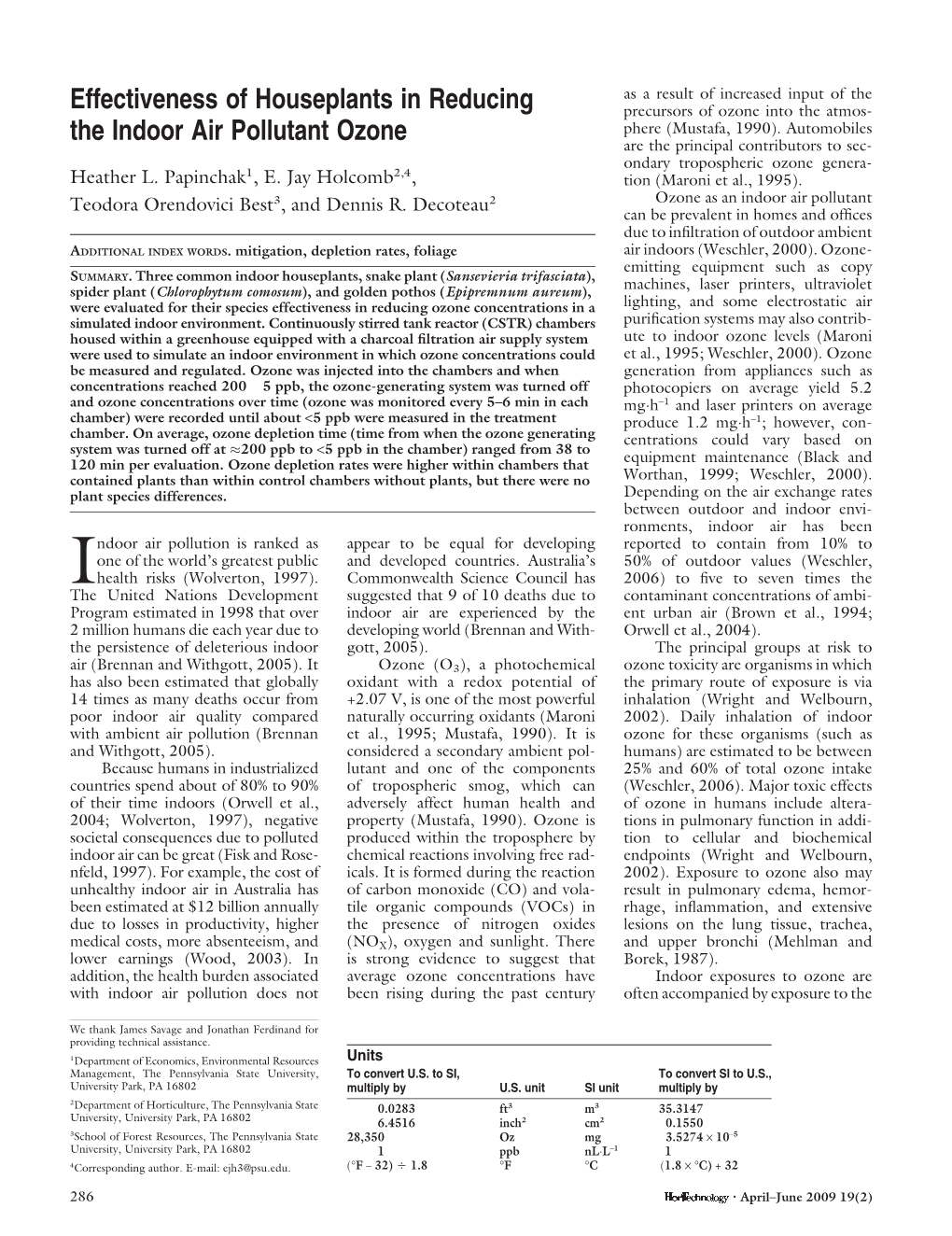 Effectiveness of Houseplants in Reducing the Indoor Air Pollutant