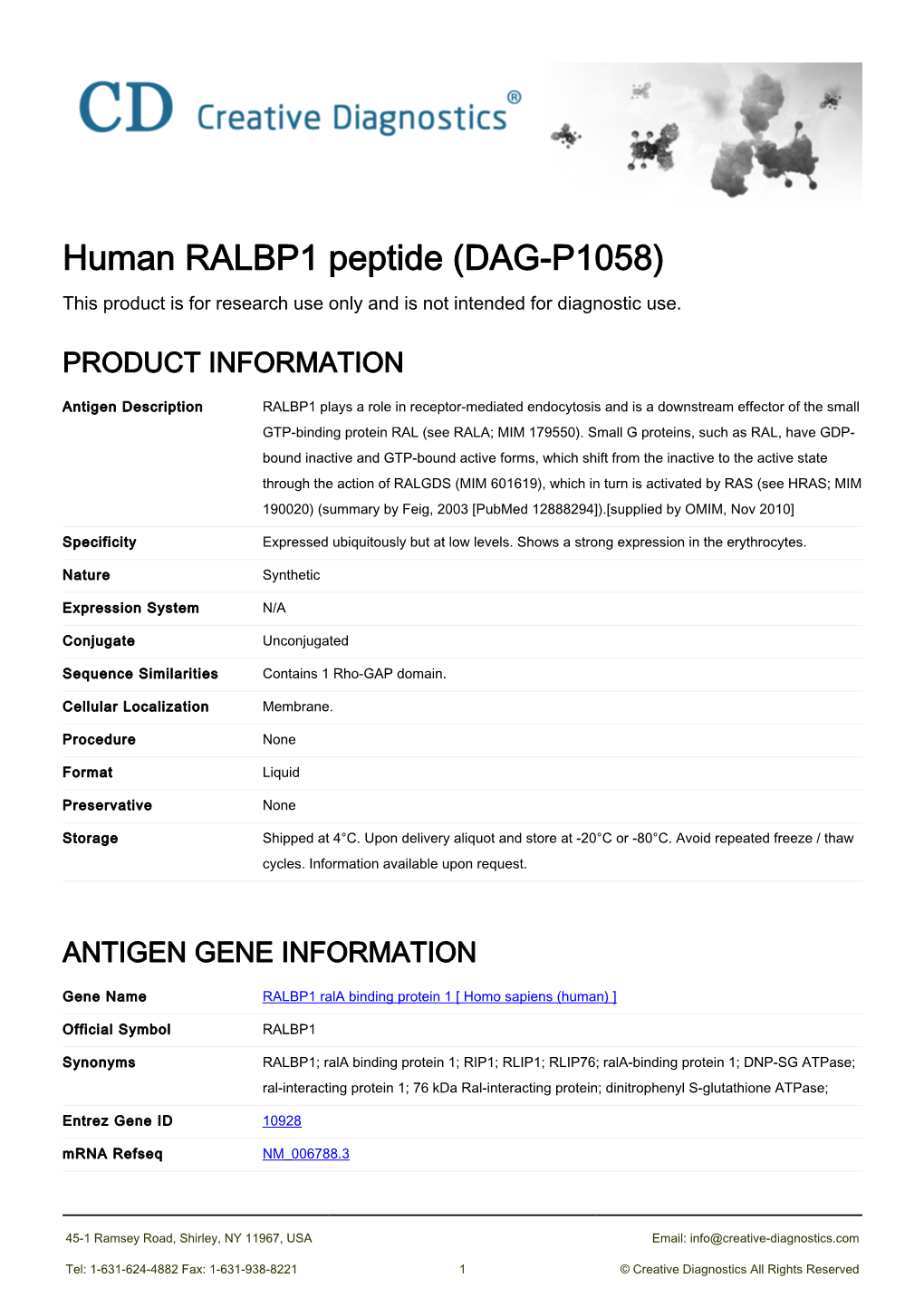 Human RALBP1 Peptide (DAG-P1058) This Product Is for Research Use Only and Is Not Intended for Diagnostic Use