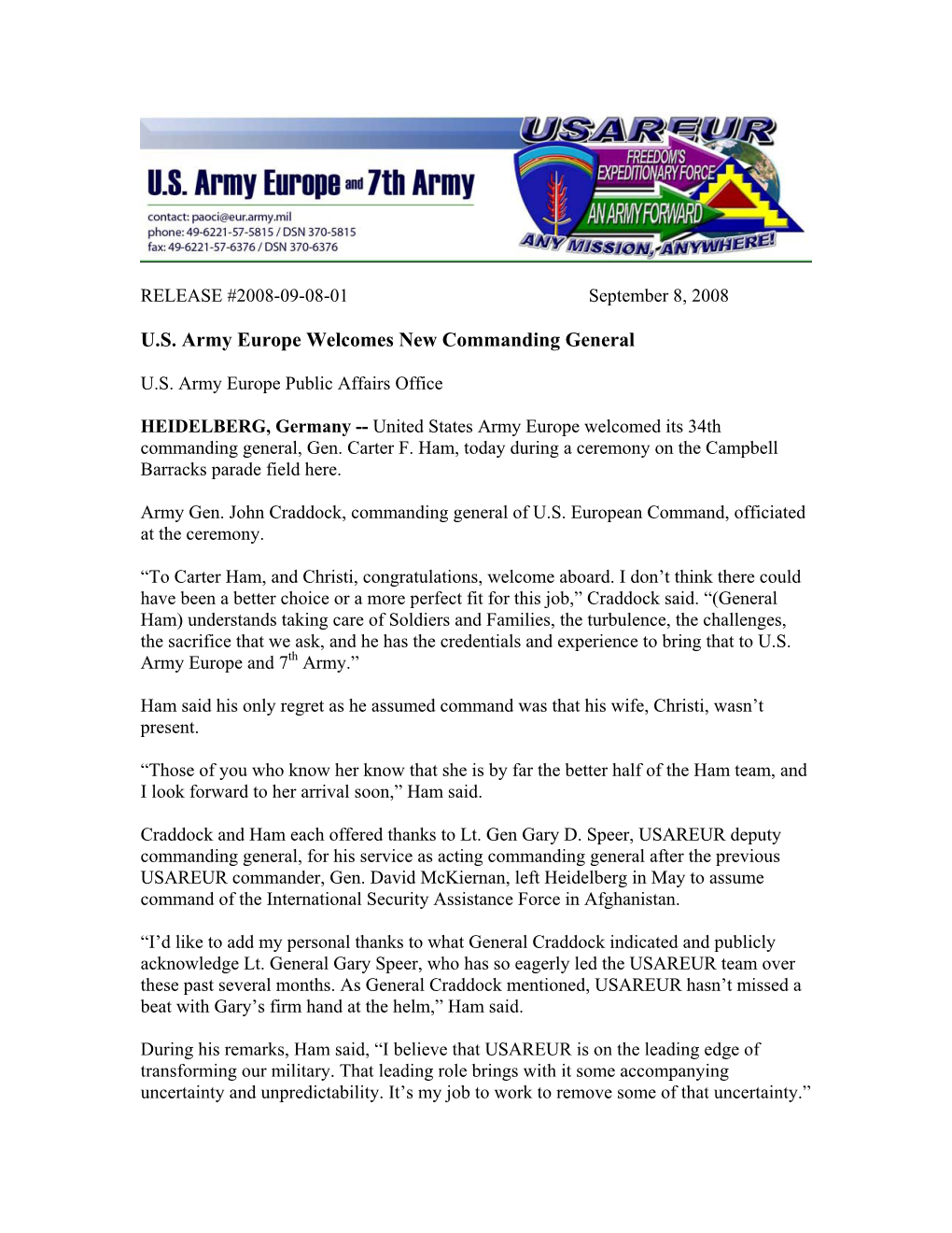 U.S. Army Europe Welcomes New Commanding General