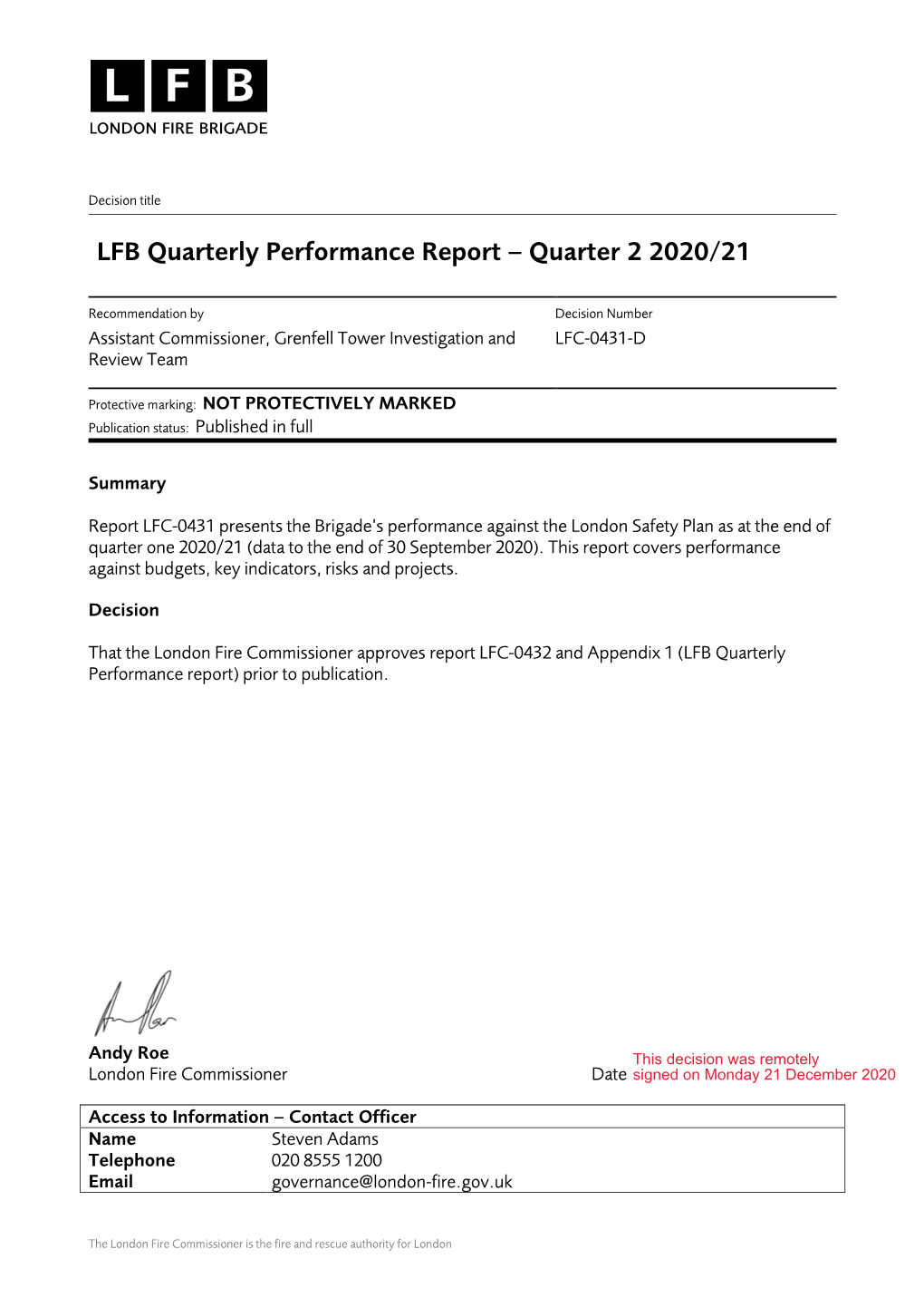 LFB Quarterly Performance Report – Quarter 2 2020/21