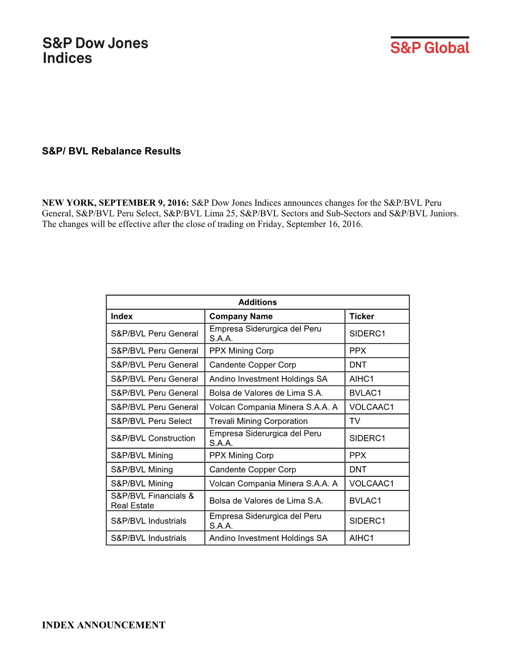 INDEX ANNOUNCEMENT S&P/ BVL Rebalance Results