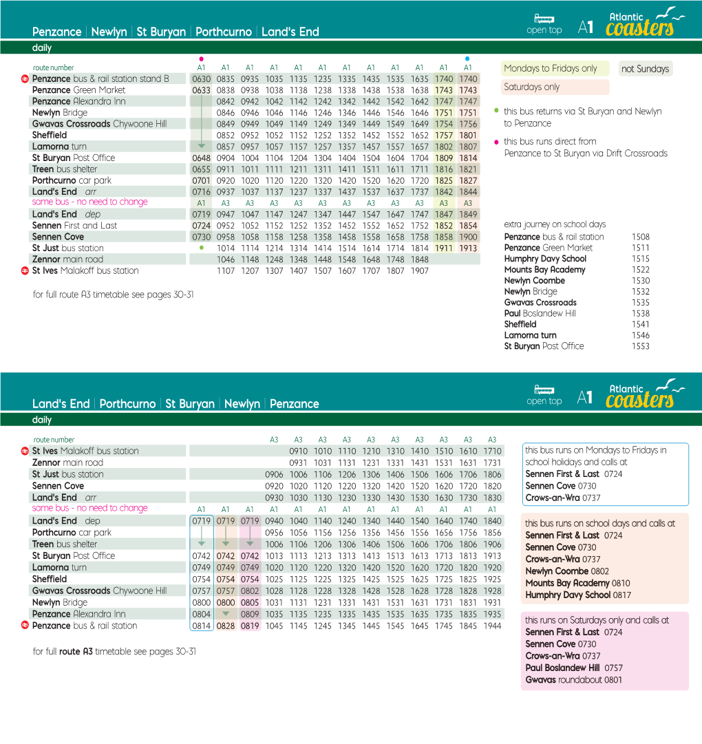 Penzance | Newlyn | St Buryan | Porthcurno | Land’S End Open Top A1 Daily
