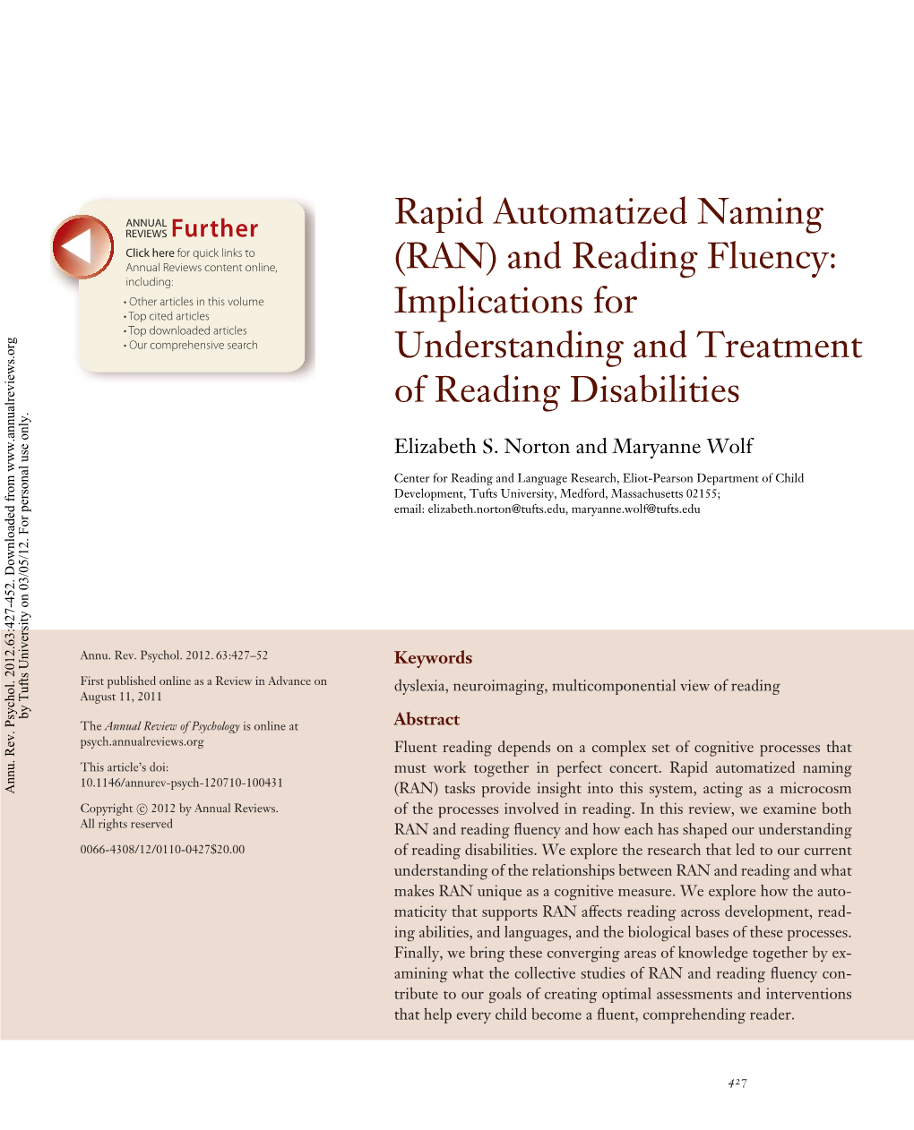 Rapid Automatized Naming (RAN) and Reading Fluency: Implications for Understanding and Treatment of Reading Disabilities