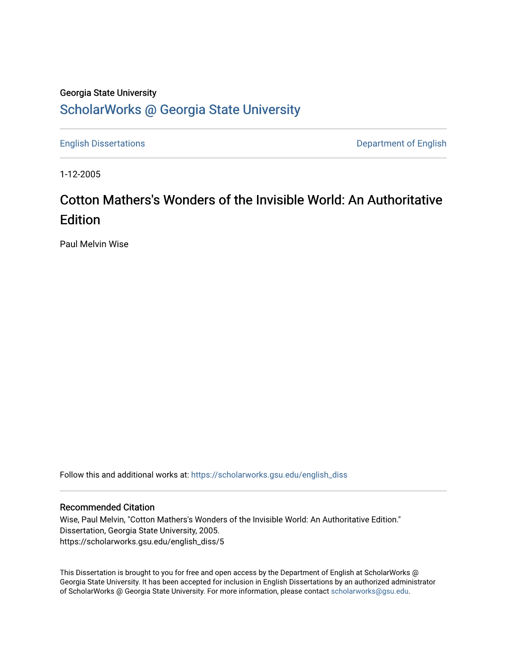 Cotton Mathers's Wonders of the Invisible World: an Authoritative Edition