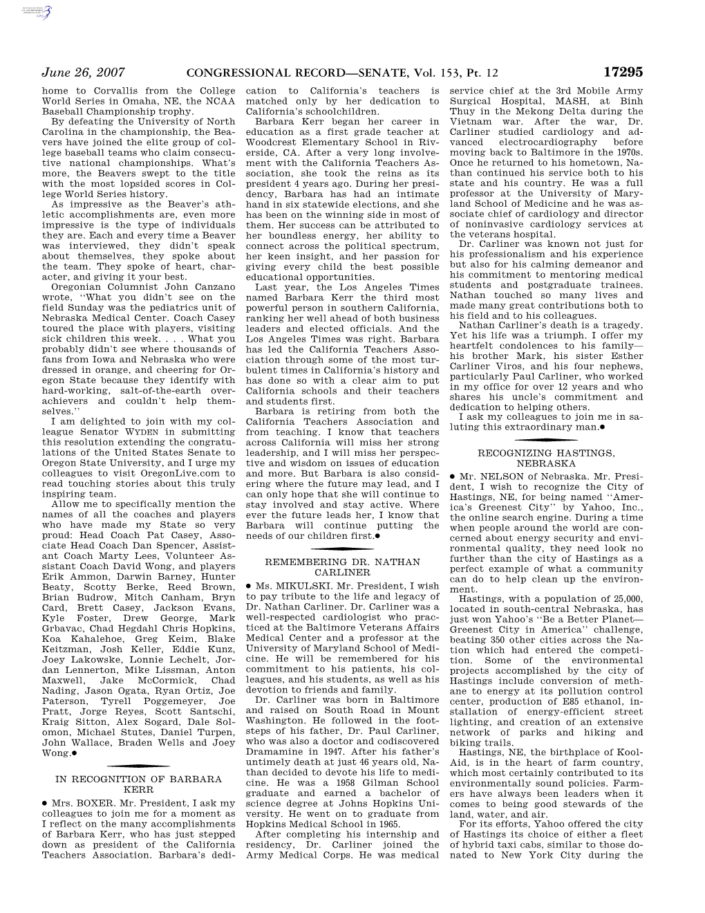 CONGRESSIONAL RECORD—SENATE, Vol. 153, Pt. 12 June 26