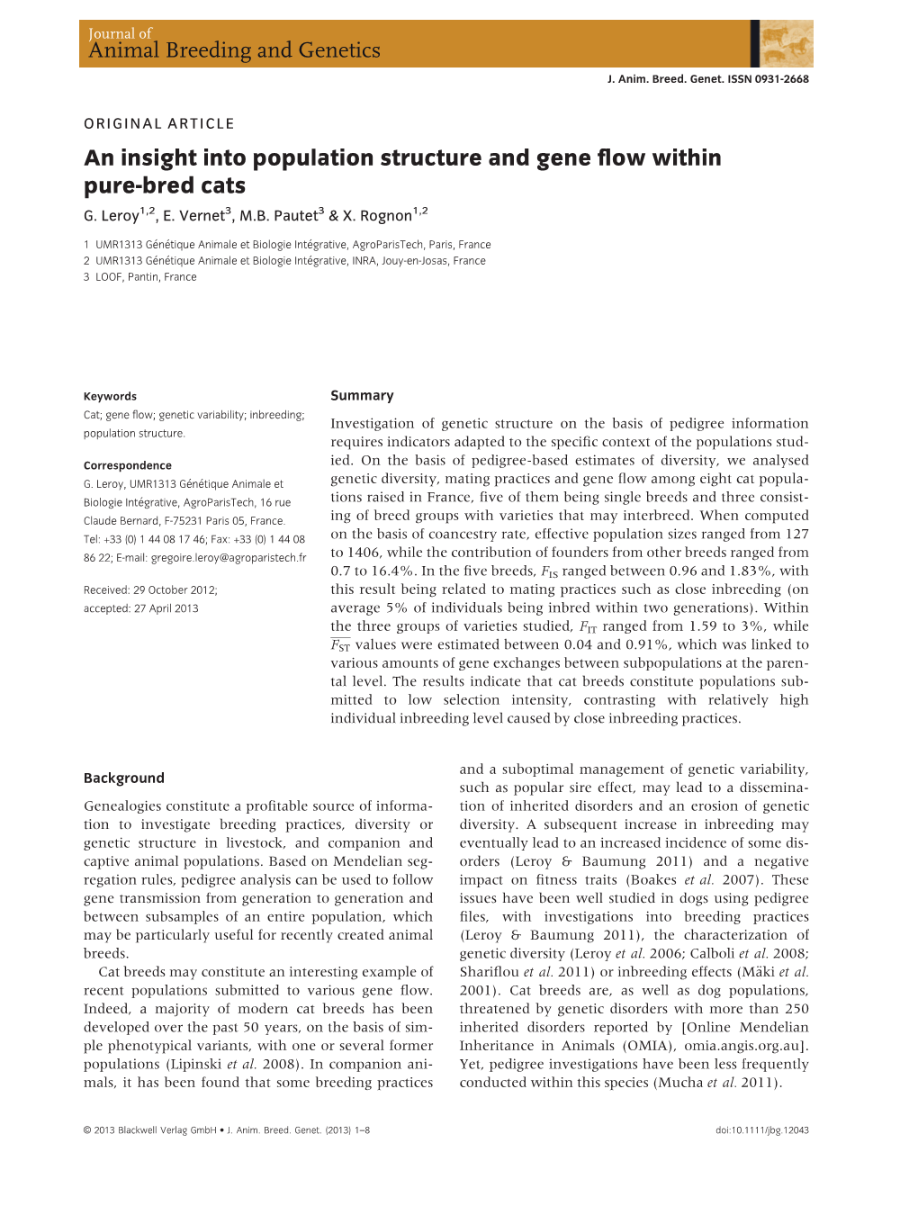 An Insight Into Population Structure and Gene Flow Within Purebred Cats