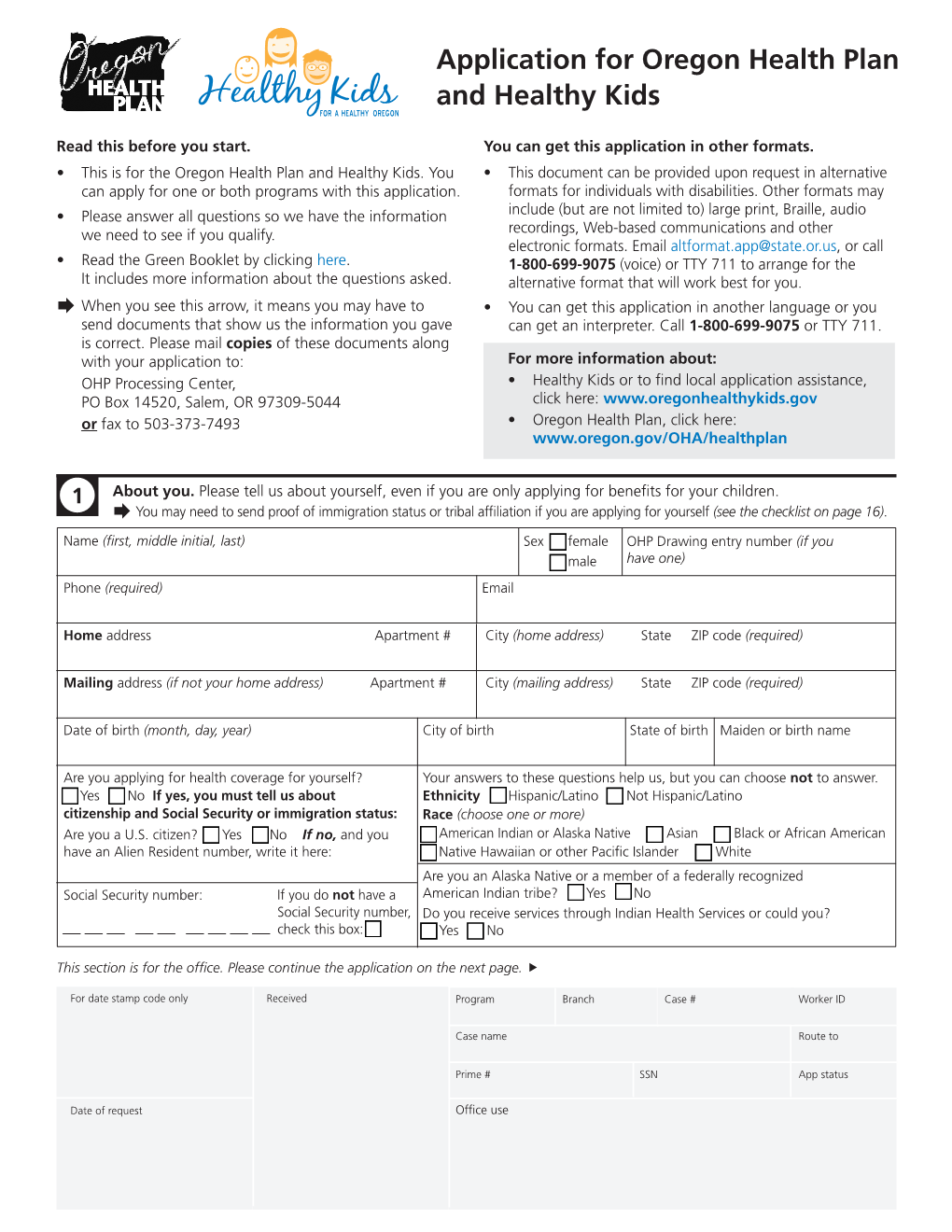 Application for Oregon Health Plan and Healthy Kids