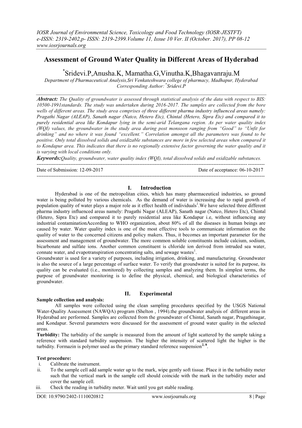 Assessment of Ground Water Quality in Different Areas of Hyderabad