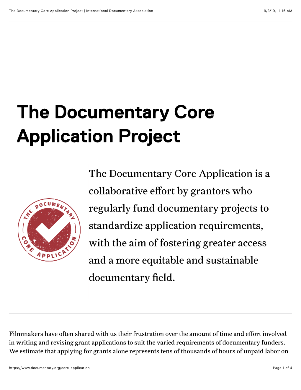 The Documentary Core Application Project | International Documentary Association 9/3/19, 11�16 AM