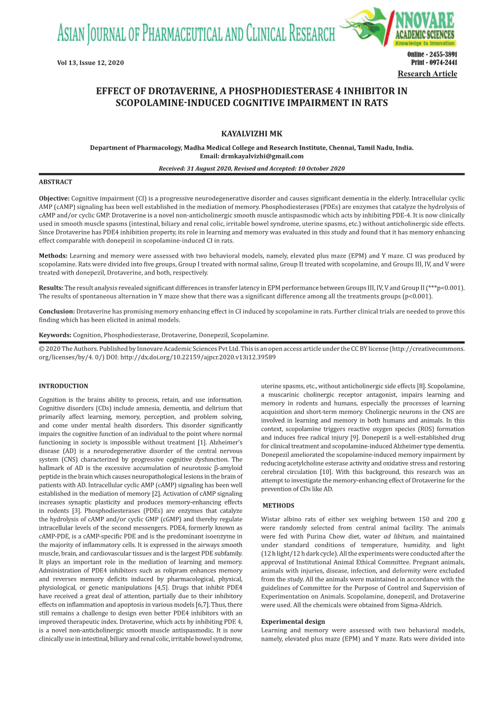 Effect of Drotaverine, a Phosphodiesterase 4 Inhibitor in Scopolamine-Induced Cognitive Impairment in Rats