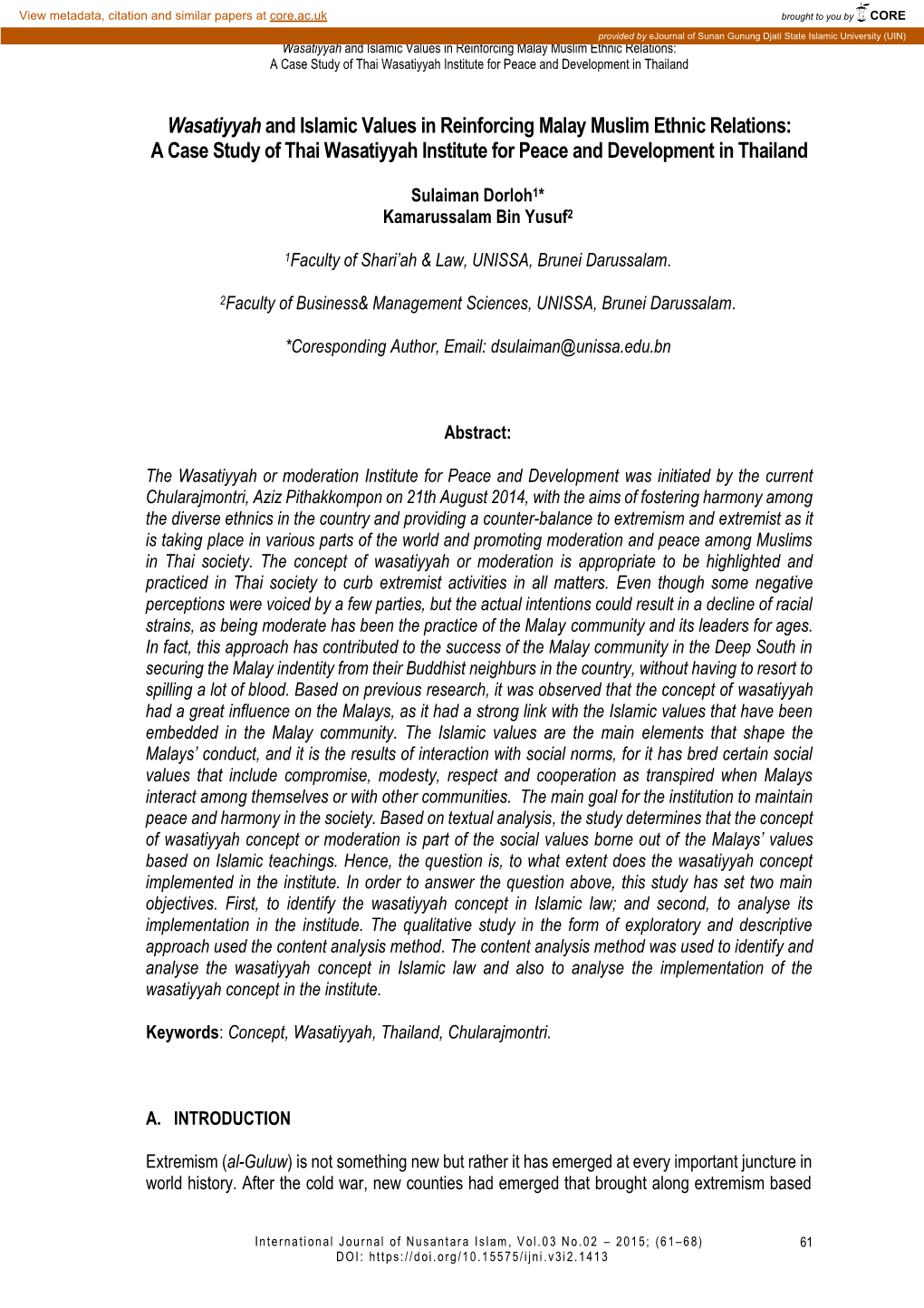 Wasatiyyah and Islamic Values in Reinforcing Malay Muslim Ethnic Relations: a Case Study of Thai Wasatiyyah Institute for Peace and Development in Thailand