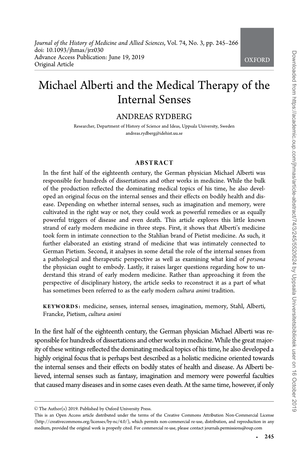 Michael Alberti and the Medical Therapy of the Internal Senses