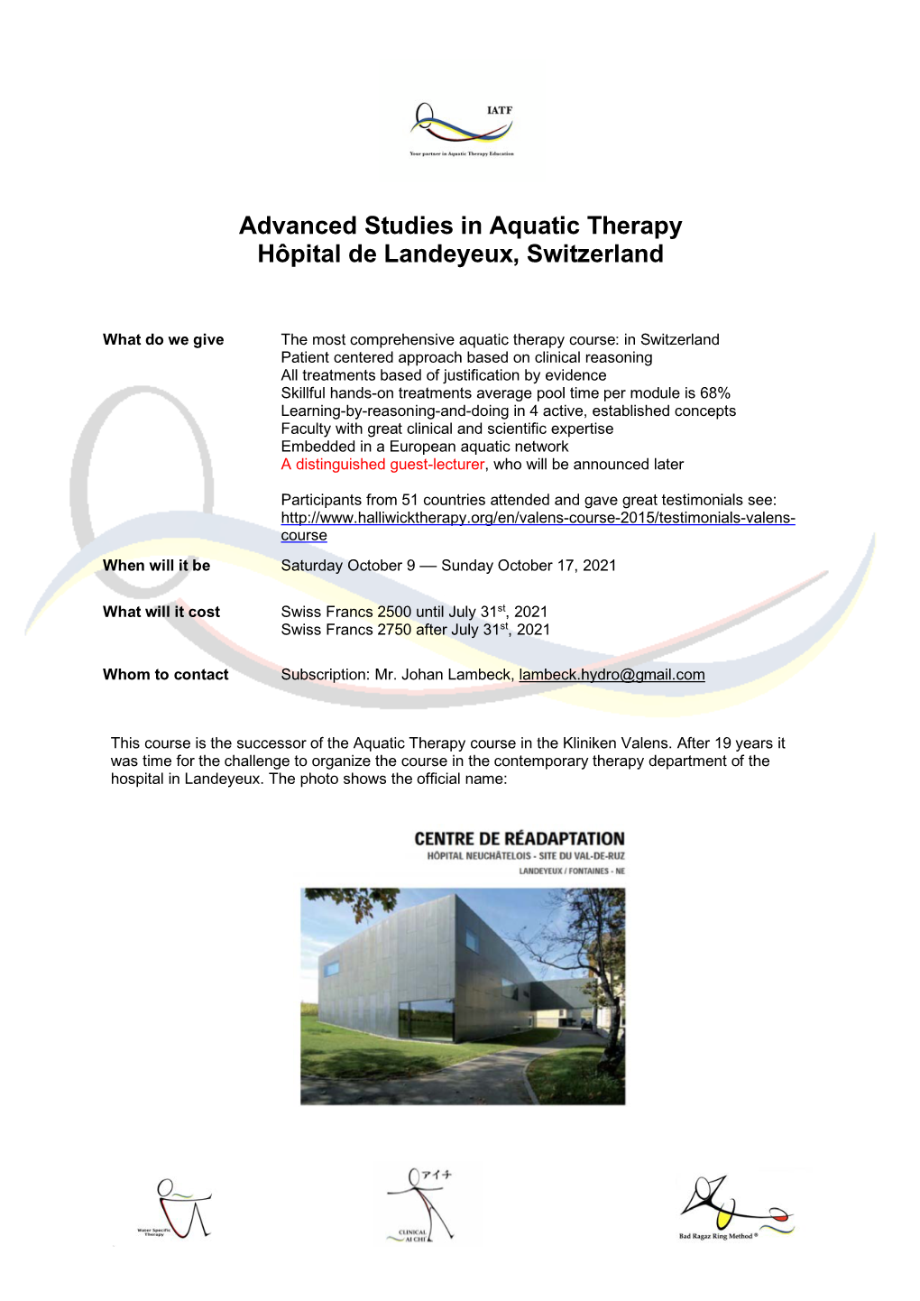 Advanced Studies in Aquatic Therapy Hôpital De Landeyeux, Switzerland