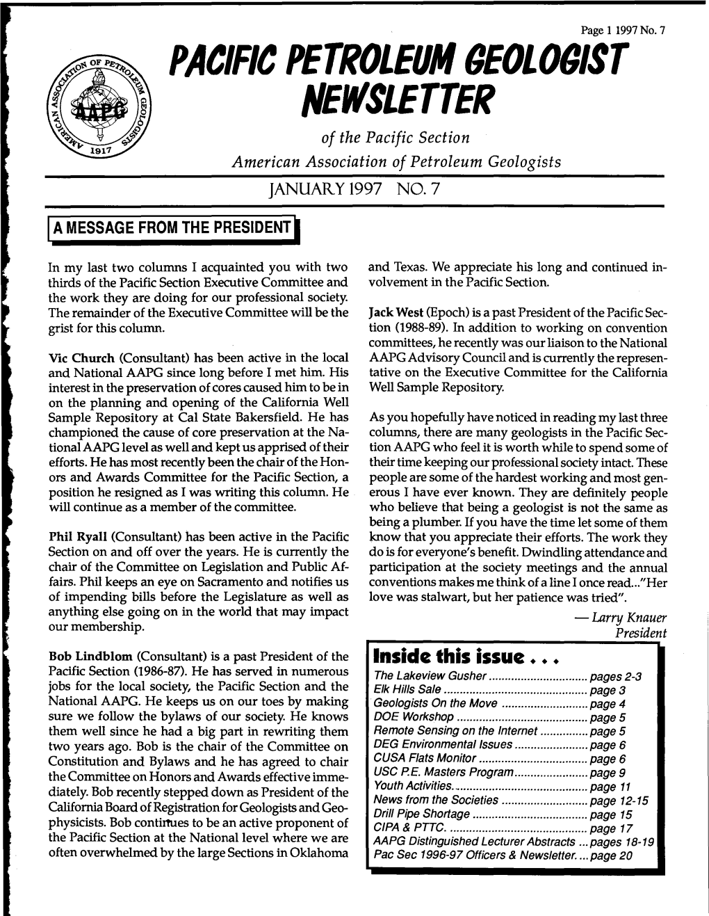 PACIFIC PETROLEUM CEOLOCIST NEWSLETTER of the Pacific Section American Association of Petroleum Geologists JANUARY 1997 NO.7