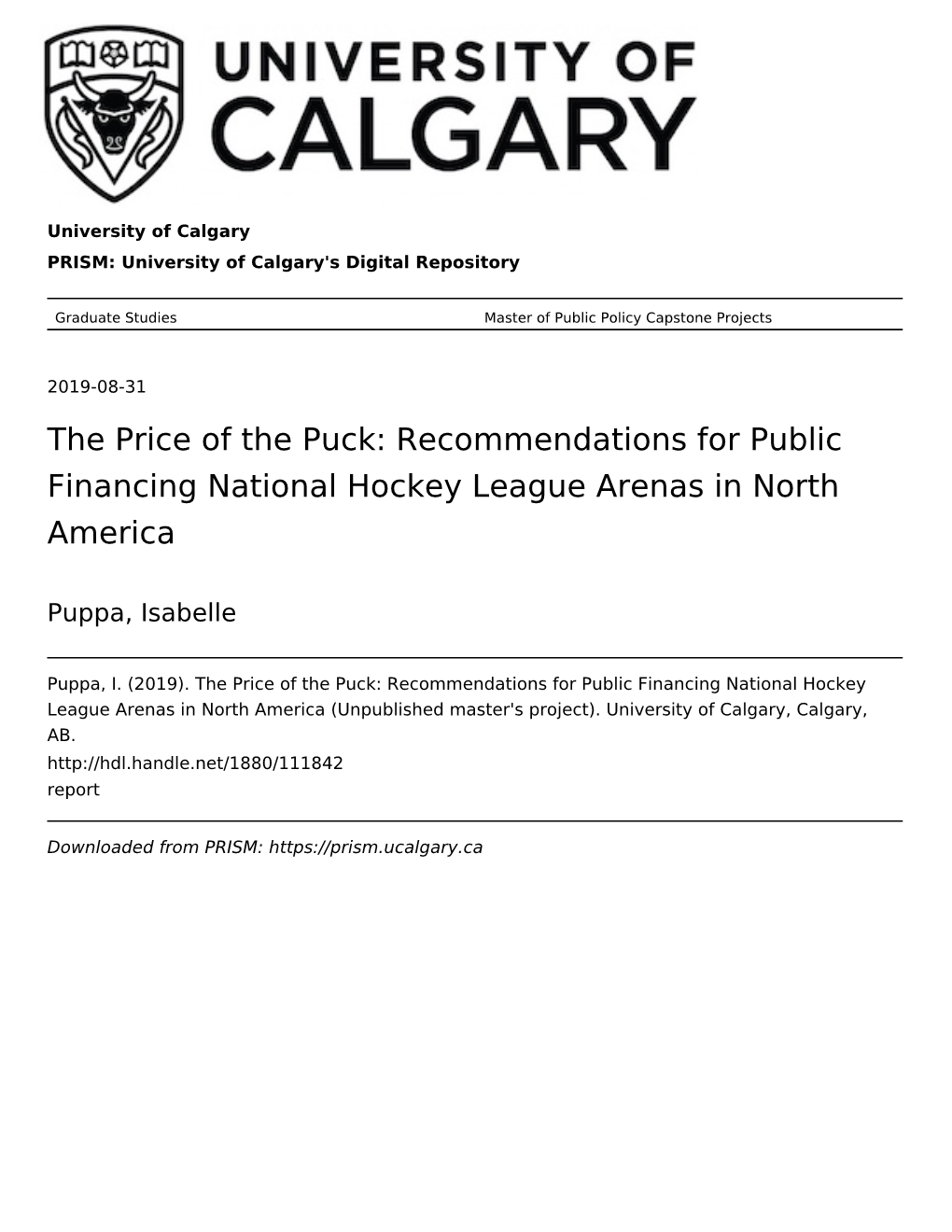 Recommendations for Public Financing National Hockey League Arenas in North America