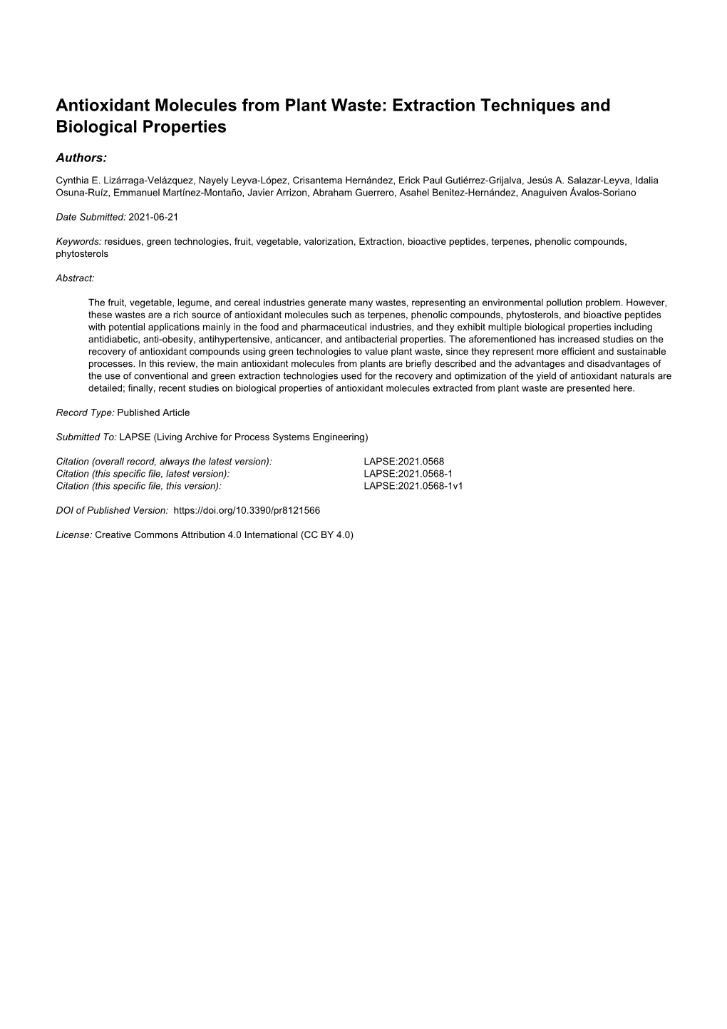 Antioxidant Molecules from Plant Waste: Extraction Techniques and Biological Properties