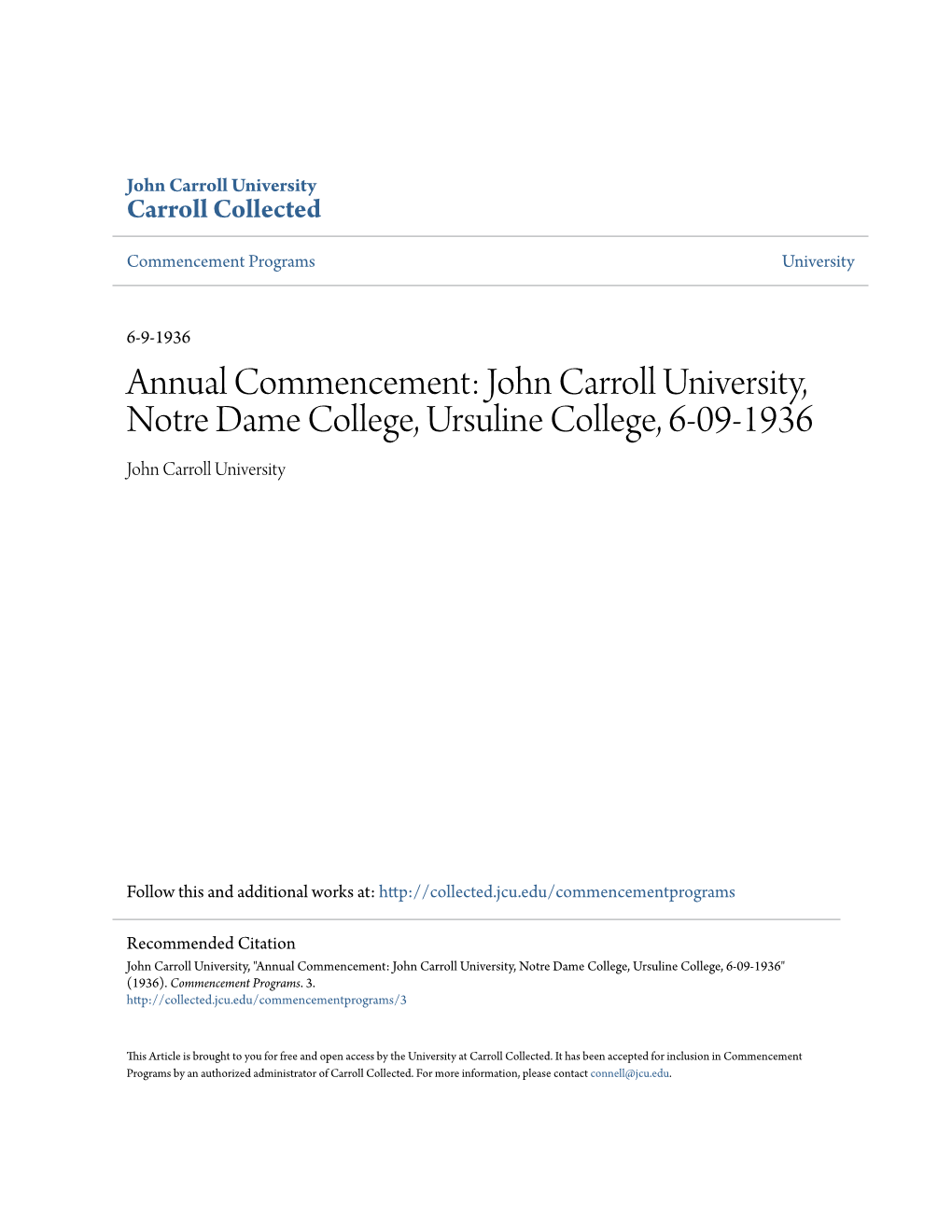 Annual Commencement: John Carroll University, Notre Dame College, Ursuline College, 6-09-1936 John Carroll University