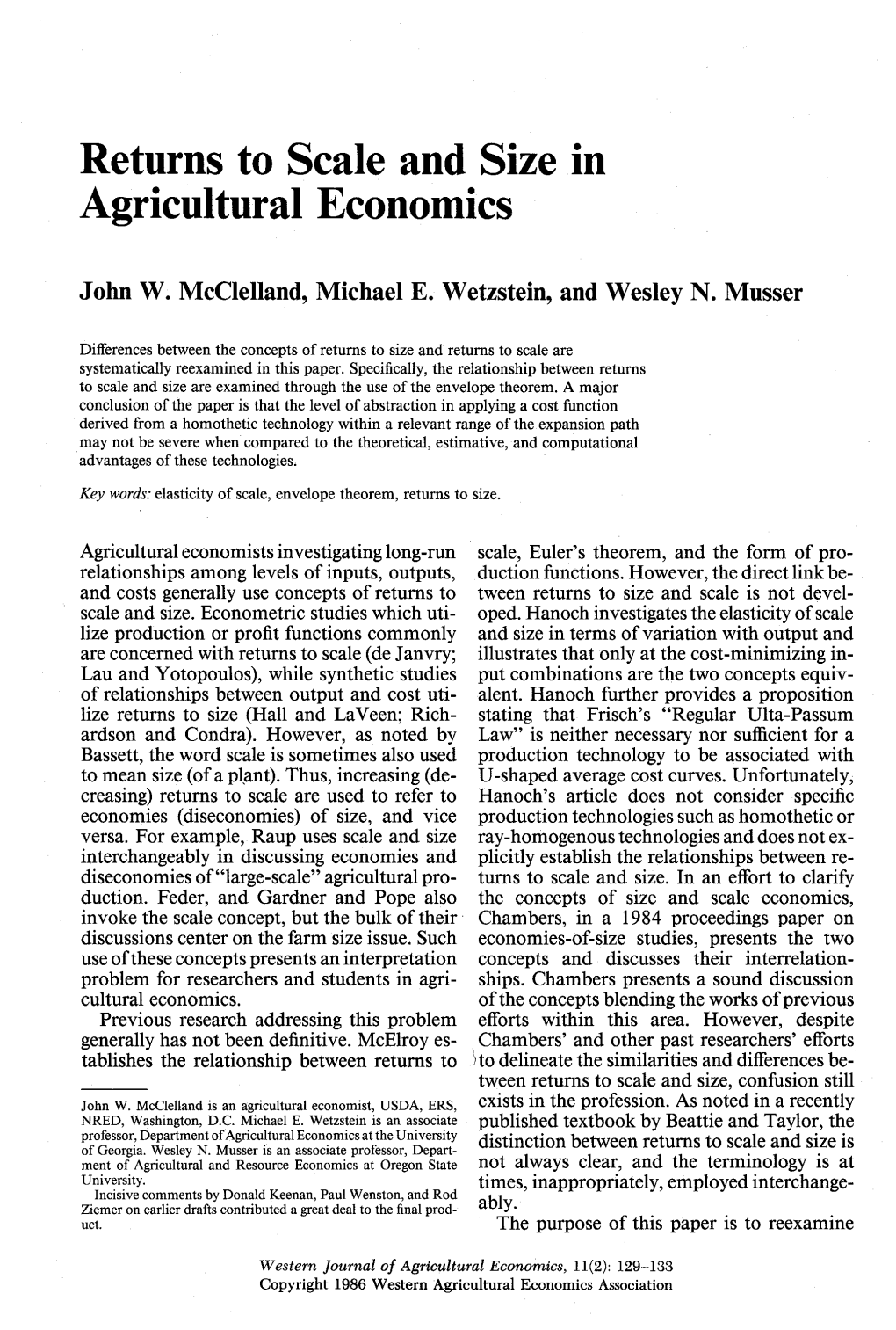 Returns to Scale and Size in Agricultural Economics