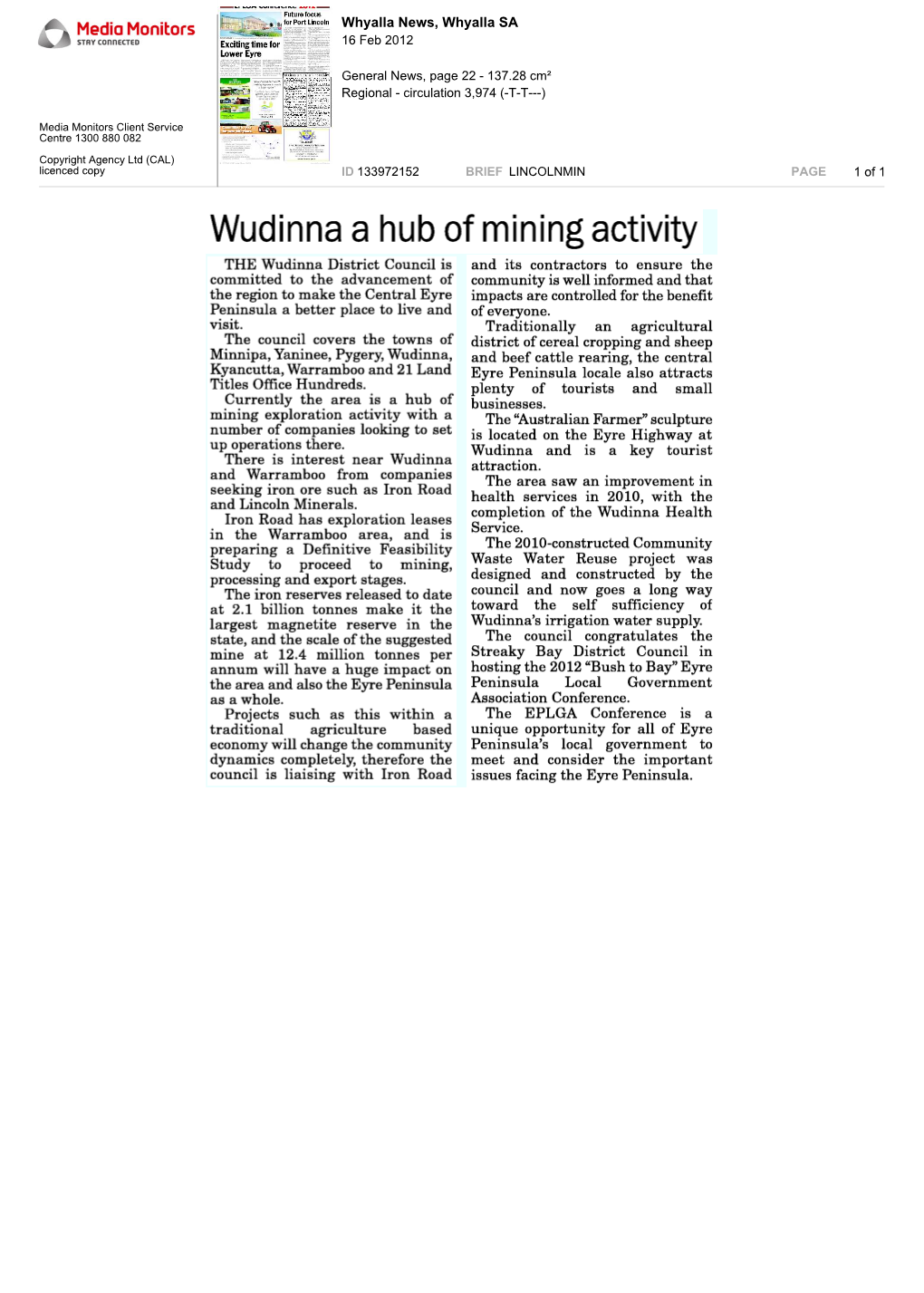 Wudinna a Hub of Mining Activity
