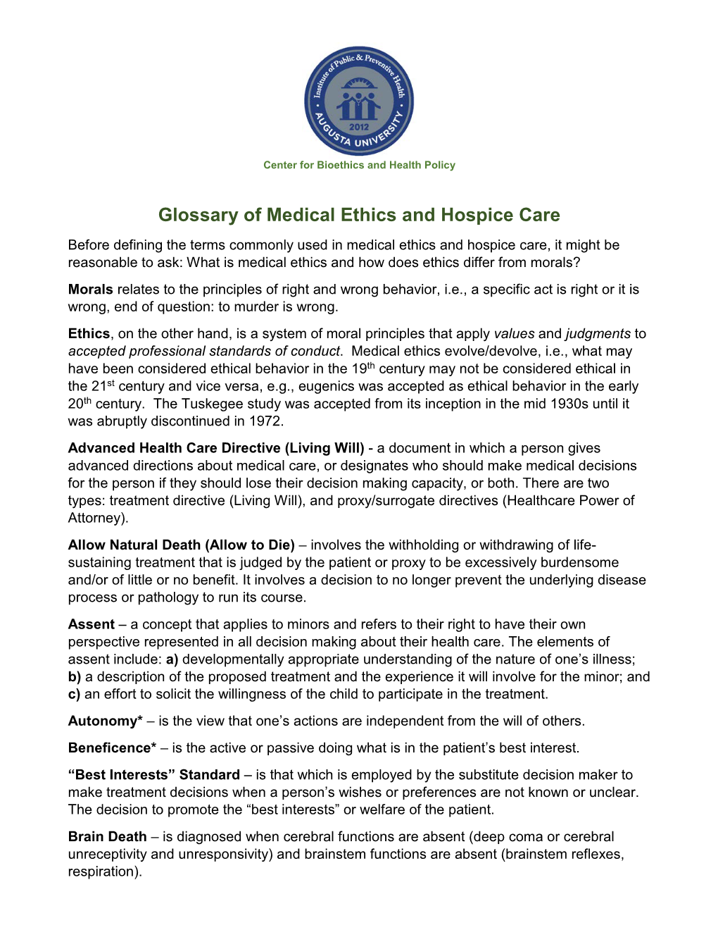 Glossary of Medical Ethics and Hospice Care