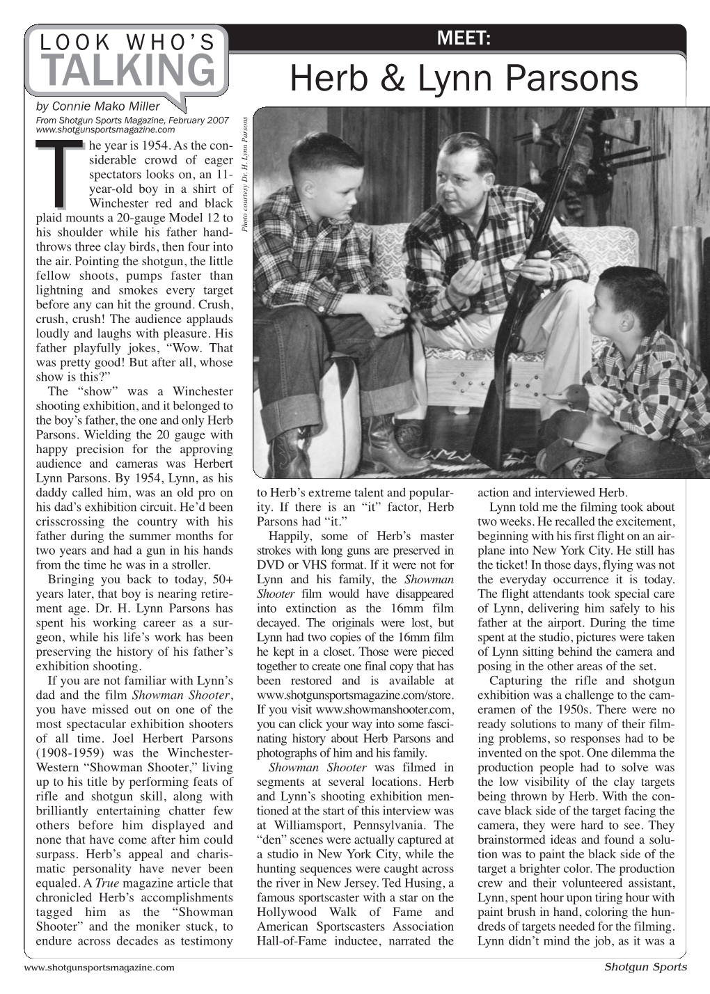 TALKING Herb & Lynn Parsons by Connie Mako Miller from Shotgun Sports Magazine, February 2007 He Year Is 1954