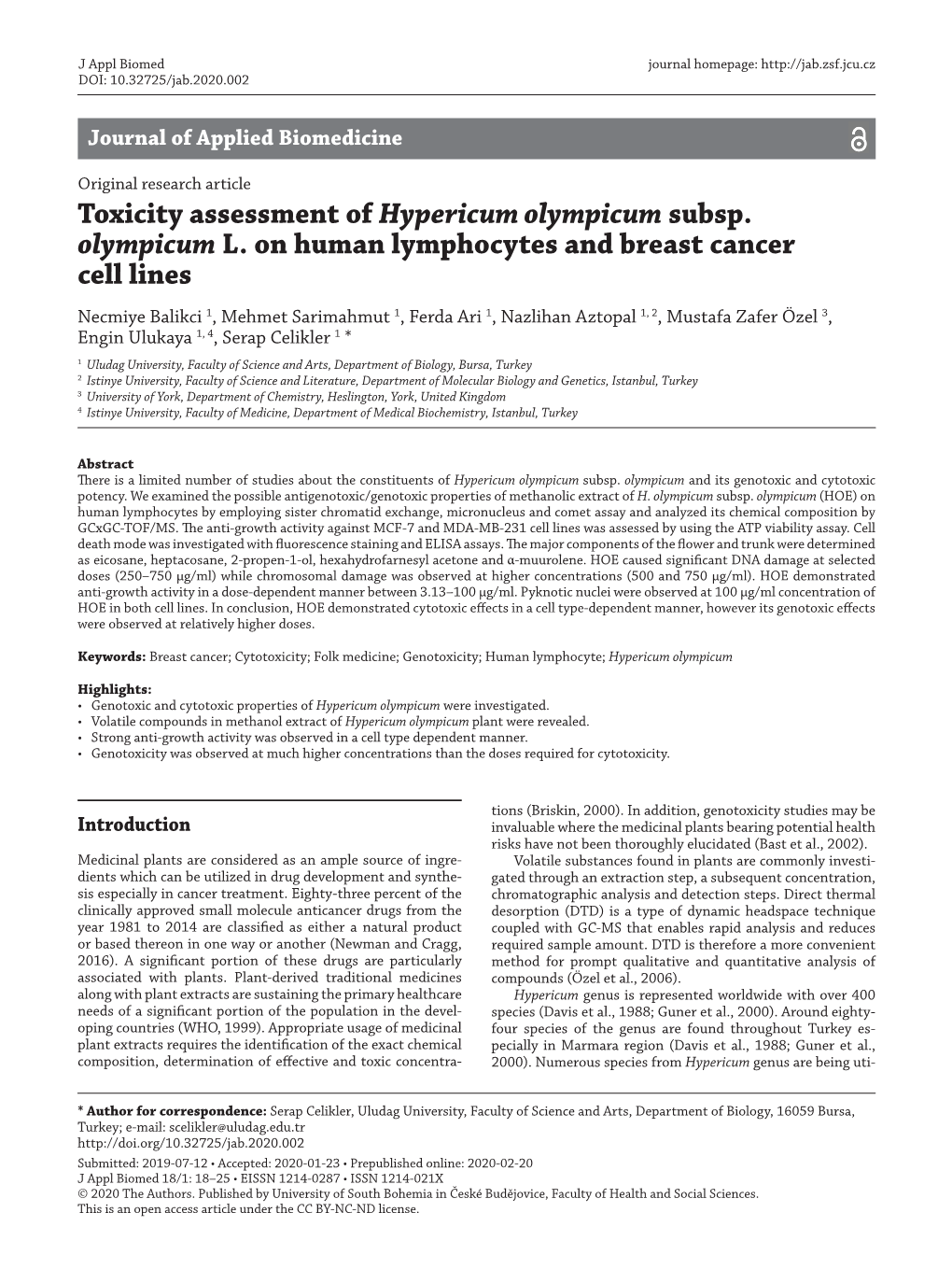 Toxicity Assessment of Hypericum Olympicum Subsp. Olympicum L. On