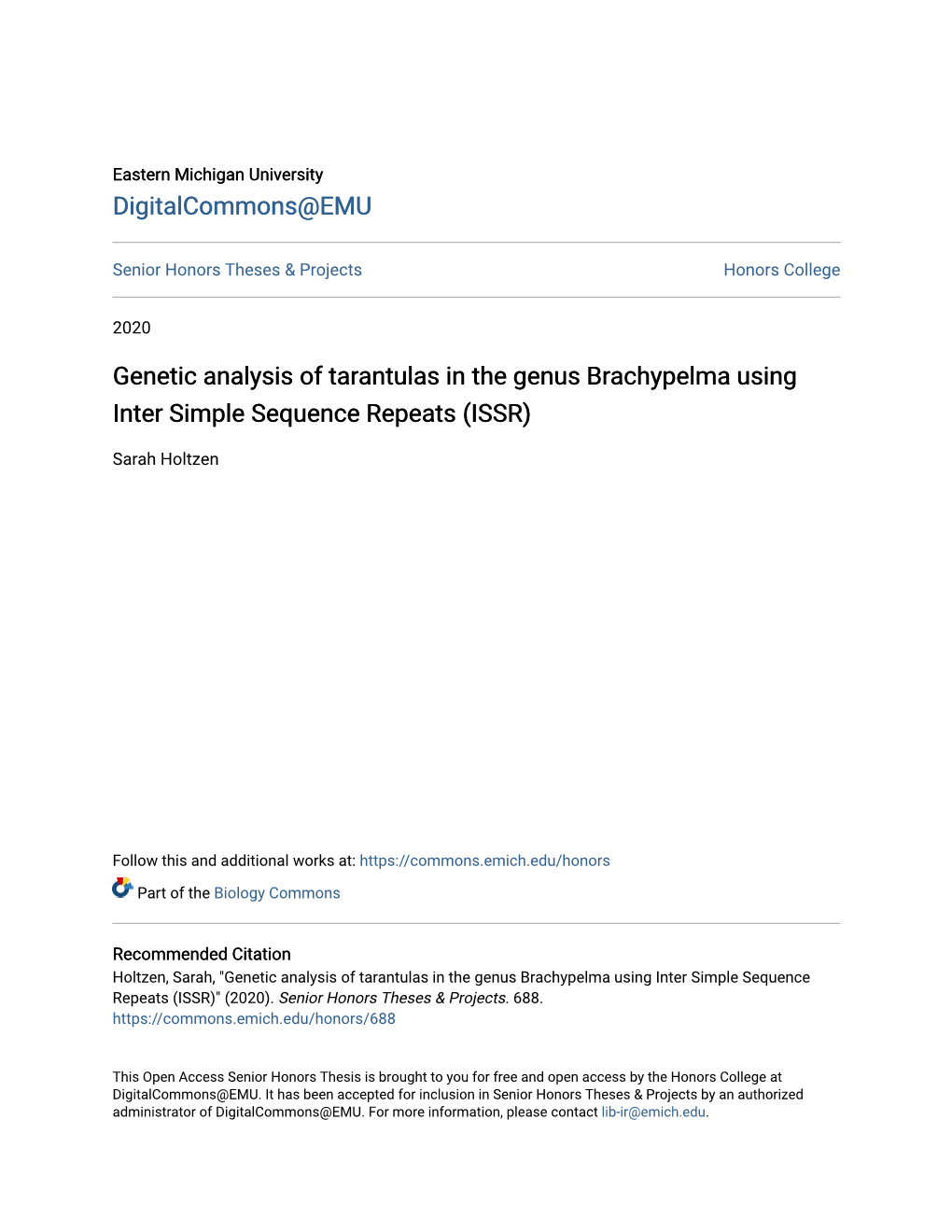 Genetic Analysis of Tarantulas in the Genus Brachypelma Using Inter Simple Sequence Repeats (ISSR)