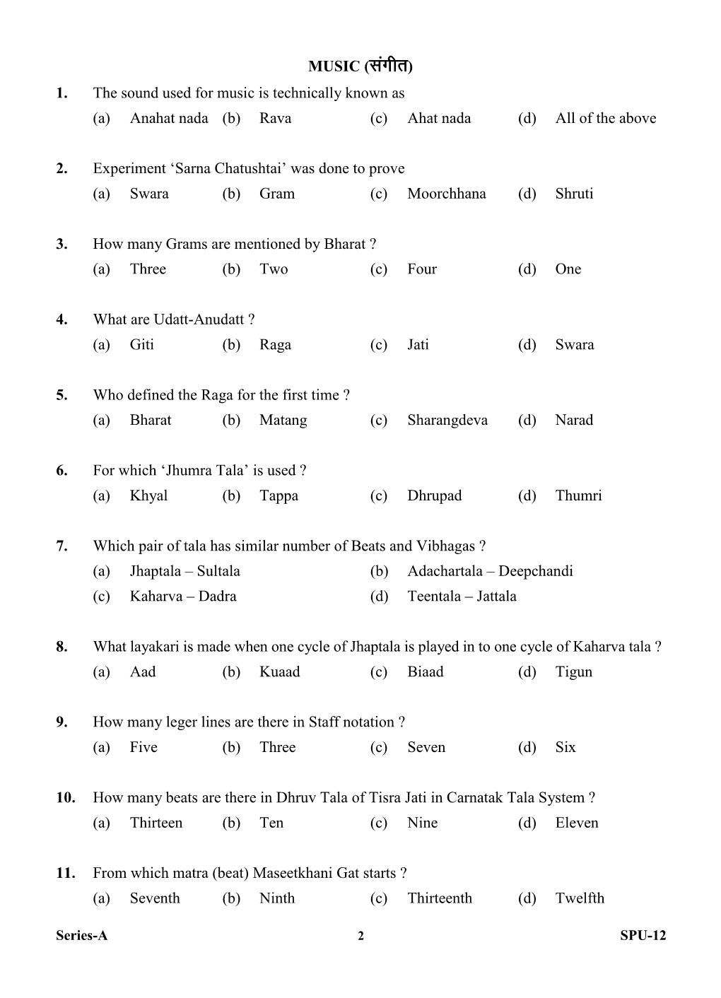 MUSIC (Lkaxhr) 1. the Sound Used for Music Is Technically Known As (A) Anahat Nada (B) Rava (C) Ahat Nada (D) All of the Above