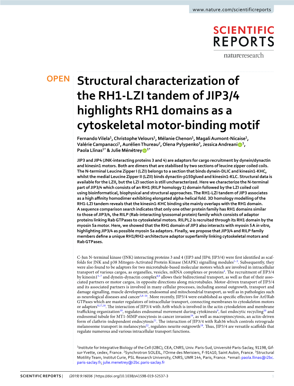 Structural Characterization of the RH1-LZI Tandem of JIP3/4