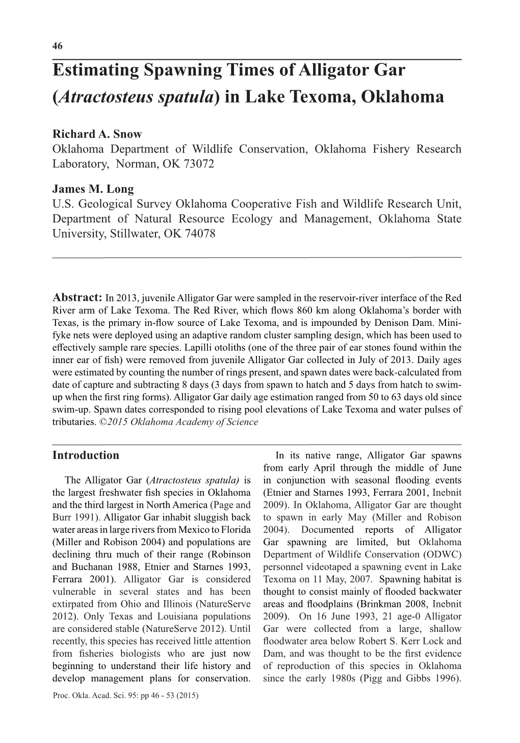 Estimating Spawning Times of Alligator Gar (Atractosteus Spatula) in Lake Texoma, Oklahoma