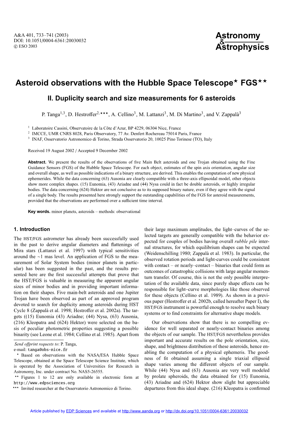 Asteroid Observations with the Hubble Space Telescope? FGS??