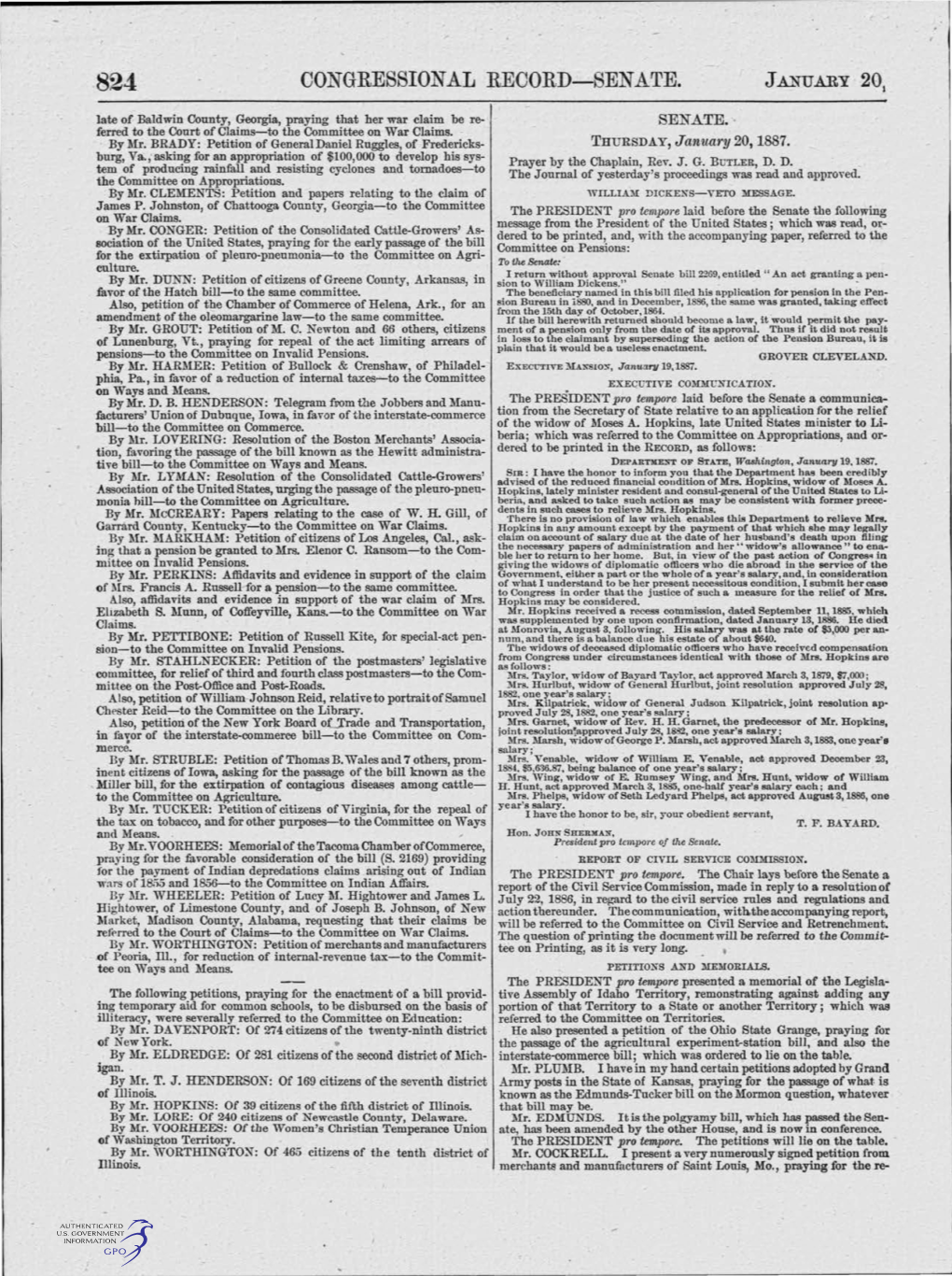 SENATE. JANUARY 20, Late of Baldwin County, Georgia, Praying That Her War Claim Be Re­ SENATE