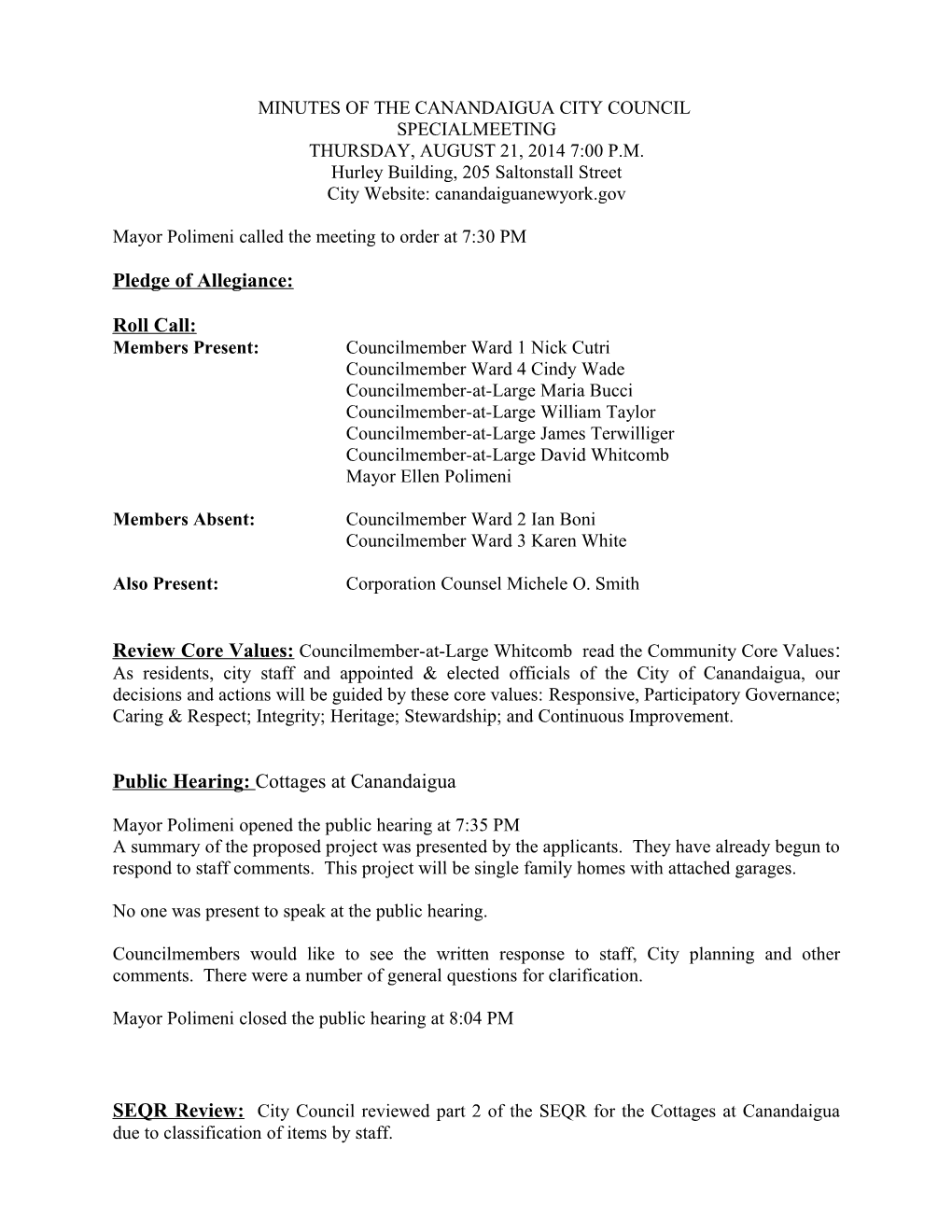 City of Canandaigua Council Meeting August 21, 2014