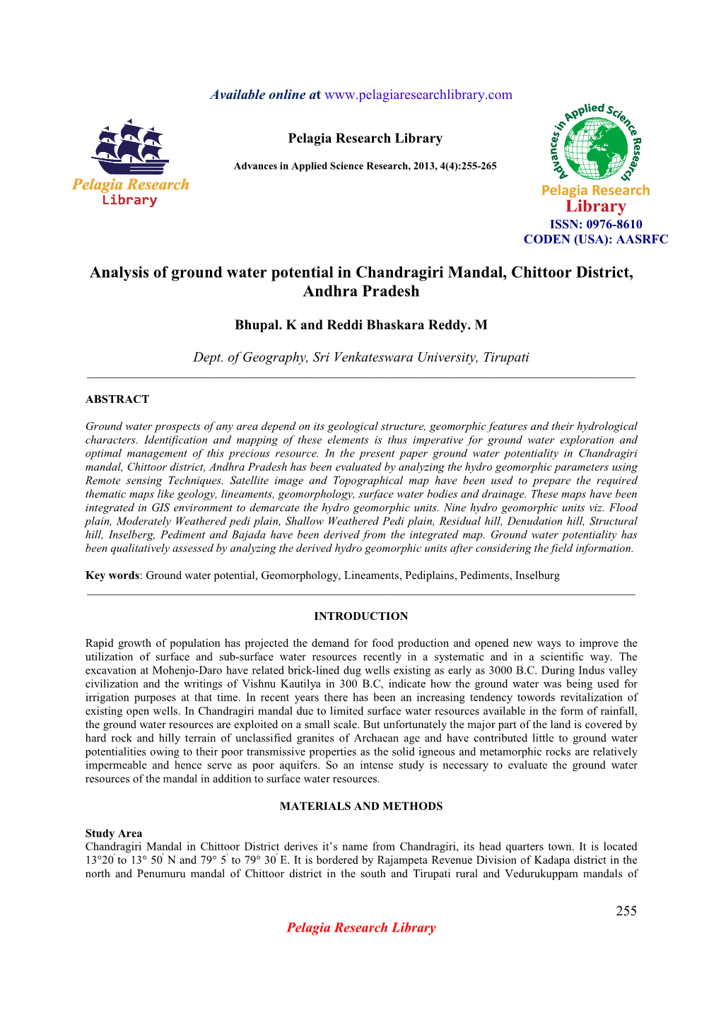 Analysis of Ground Water Potential in Chandragiri Mandal, Chittoor District, Andhra Pradesh