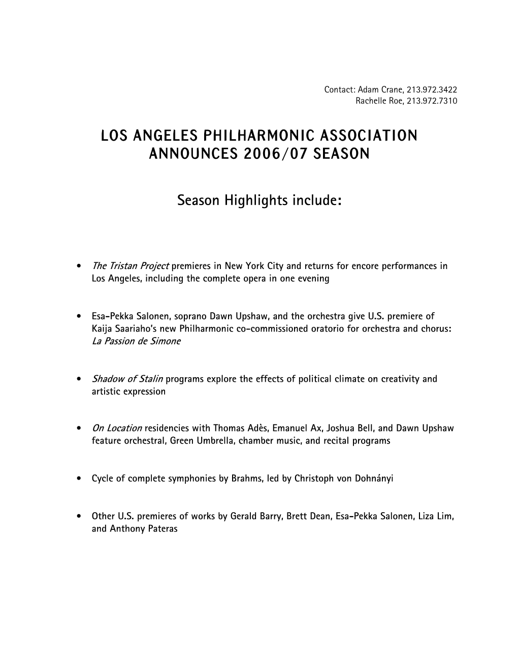 2006/07 Season Press Release