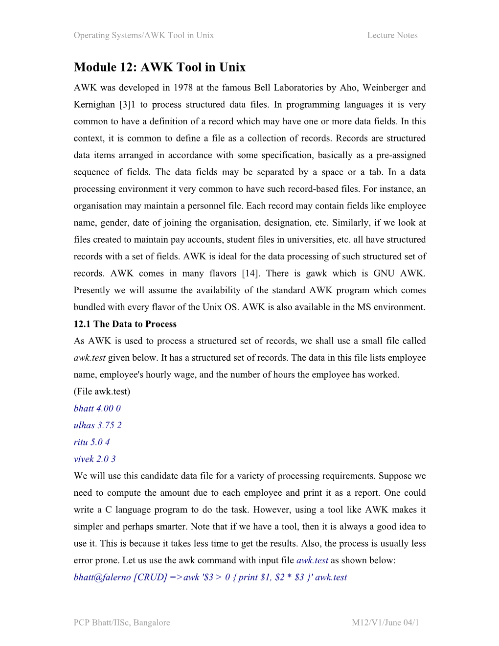 AWK Tool in Unix Lecture Notes