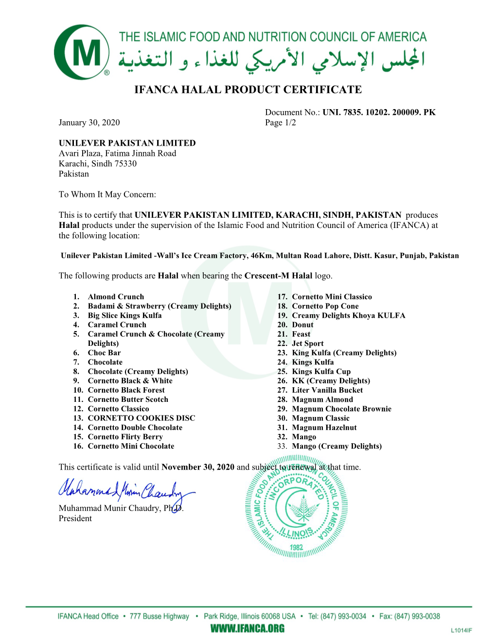 Ifanca Halal Product Certificate