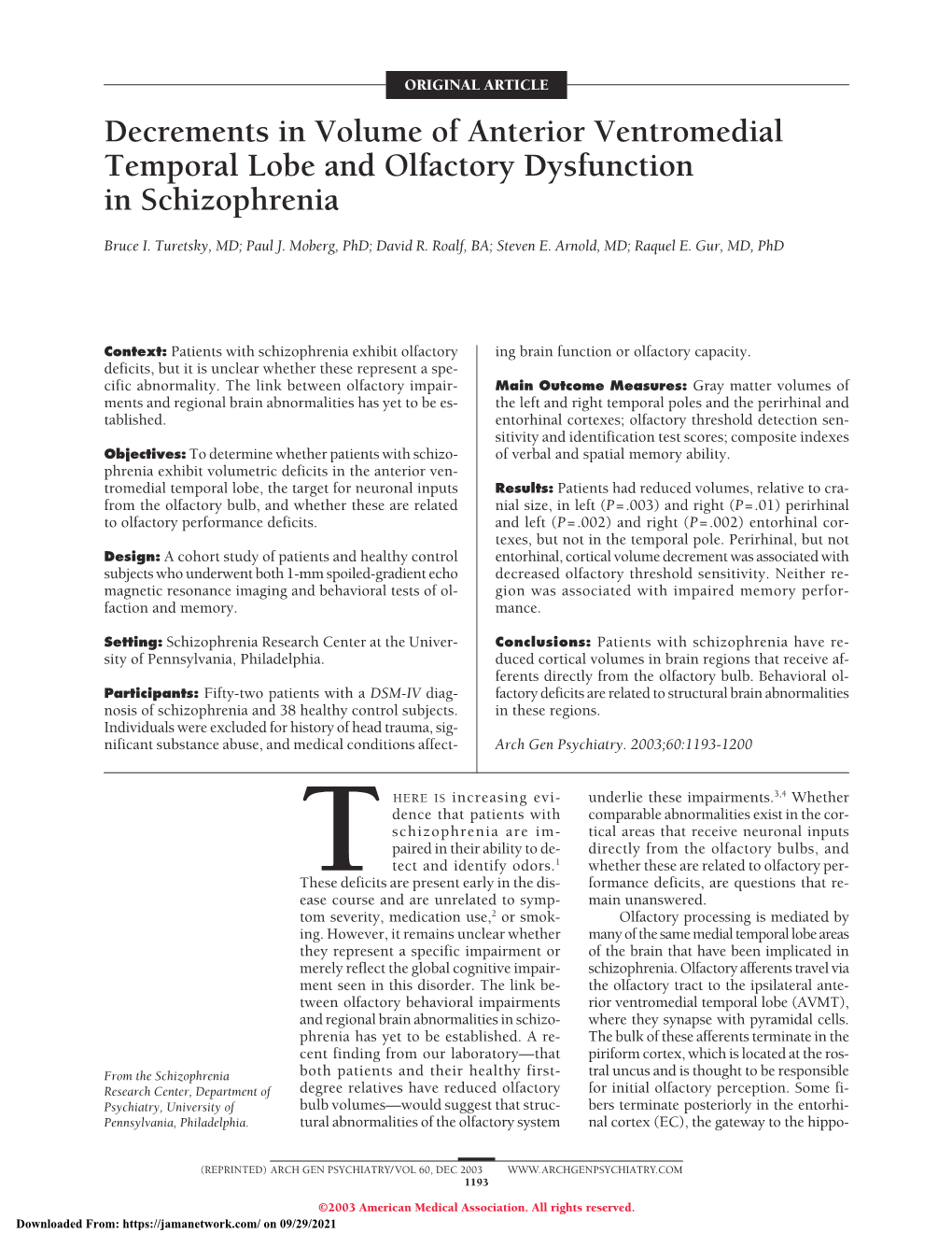 Decrements in Volume of Anterior Ventromedial Temporal Lobe and Olfactory Dysfunction in Schizophrenia