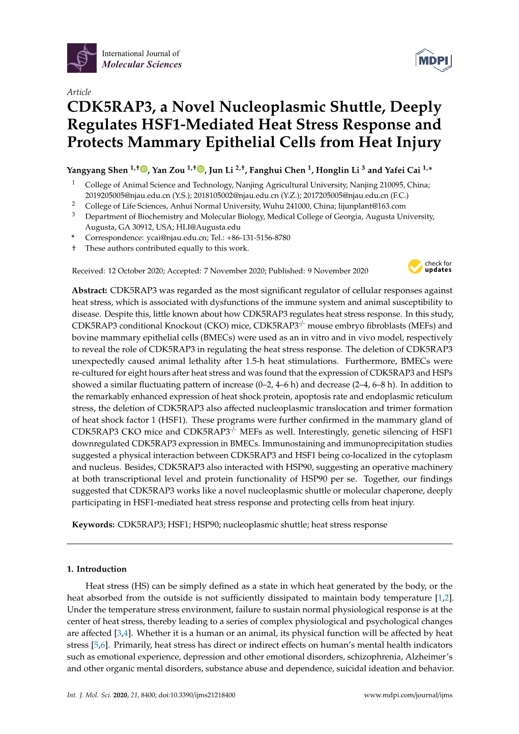 CDK5RAP3, a Novel Nucleoplasmic Shuttle, Deeply Regulates HSF1-Mediated Heat Stress Response and Protects Mammary Epithelial Cells from Heat Injury